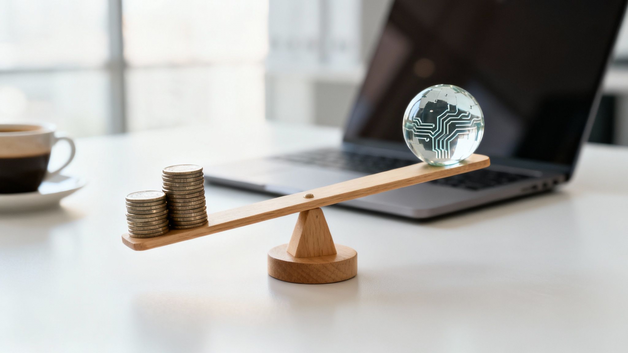 Eine Waage mit Münzstapeln und einem Technologie-Globus auf einem Büroschreibtisch.