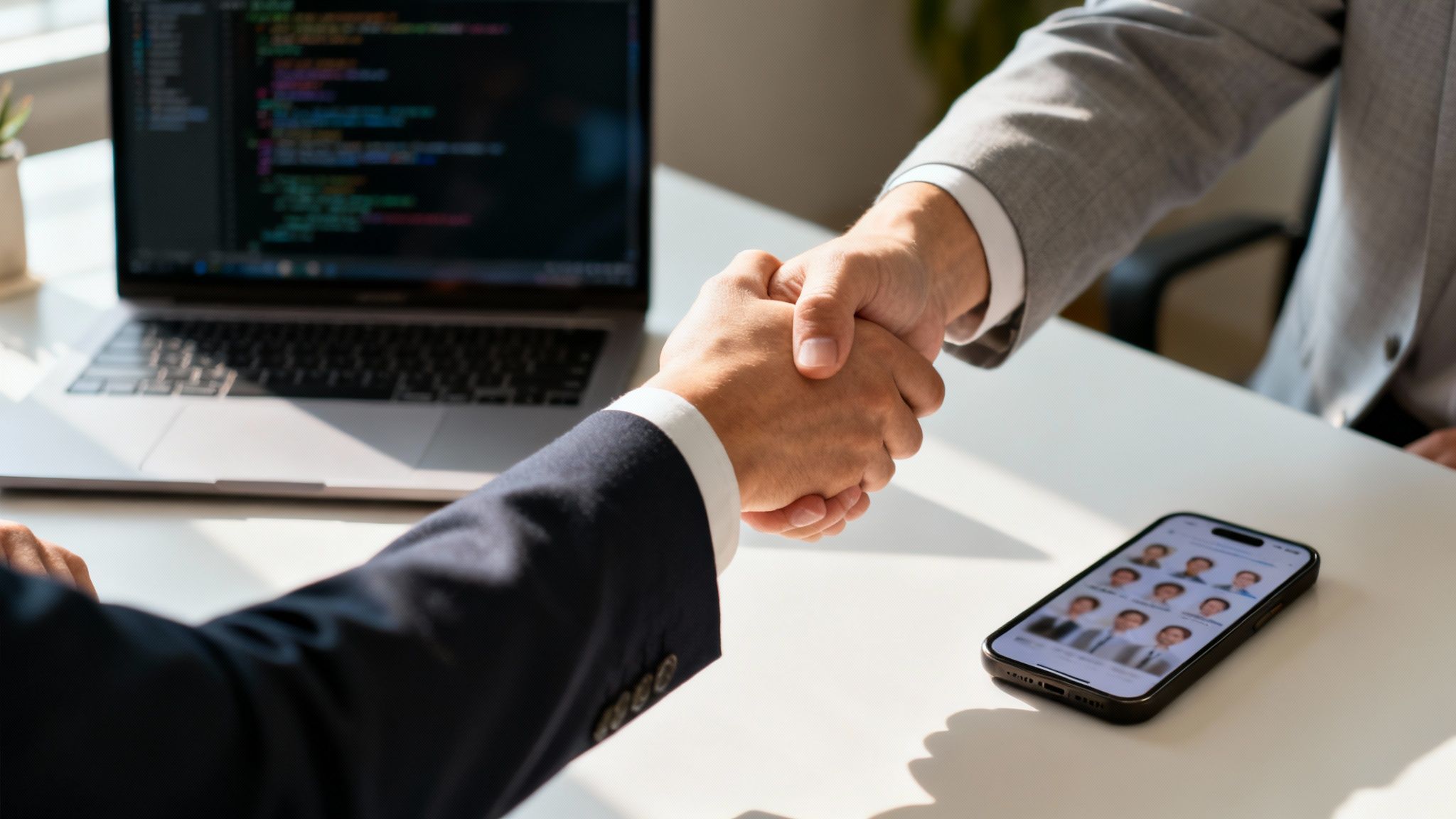 Zwei Geschäftsleute schütteln sich die Hände an einem Schreibtisch mit Laptop und Smartphone.