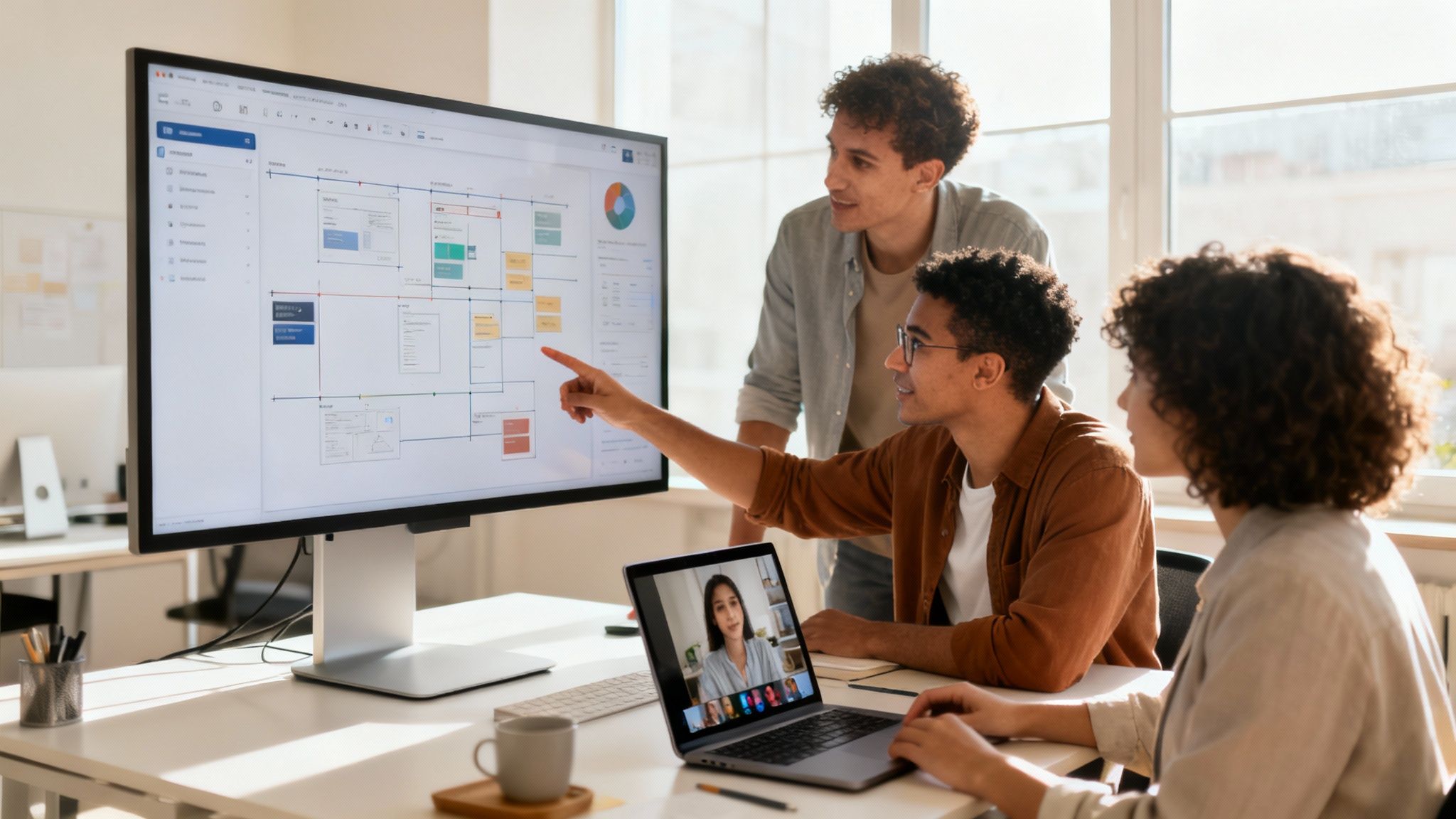 Drei Kollegen arbeiten im Büro zusammen an einem Projekt. Einer zeigt auf einen Monitor mit Diagramm, ein anderer schaut zu, während eine Frau an einem Laptop mit Videoanruf arbeitet.