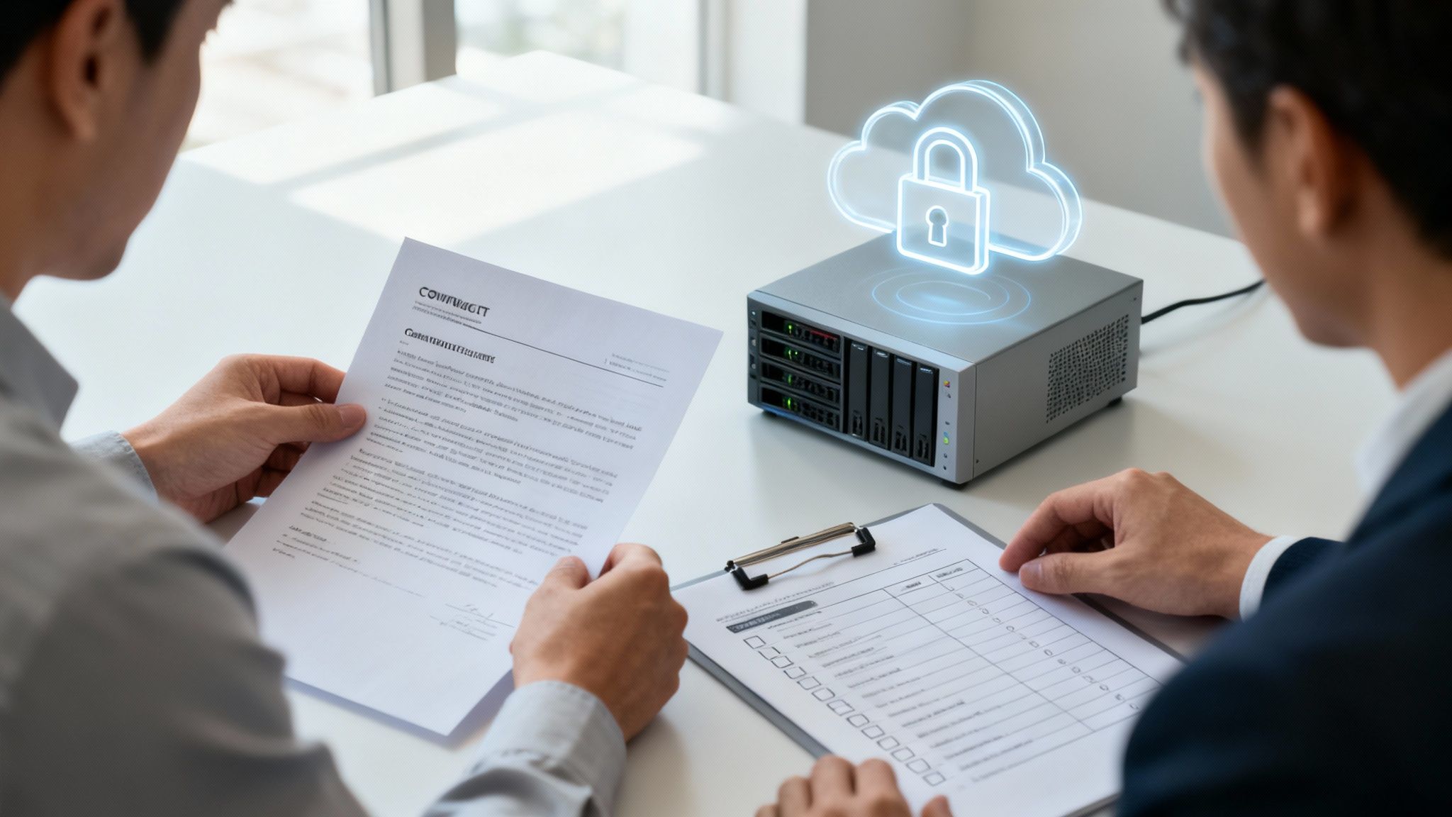 Geschäftspartner diskutieren Cloud-Sicherheit und Daten-Outsourcing bei einem Treffen am Schreibtisch.