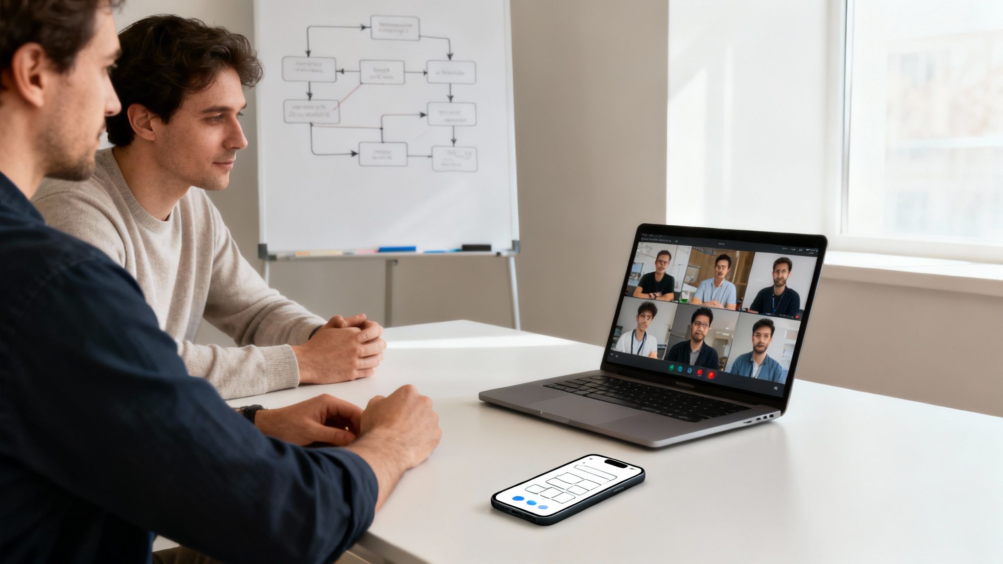 Zwei Männer in einem Besprechungsraum schauen auf einen Laptop mit Videokonferenz und ein Whiteboard.