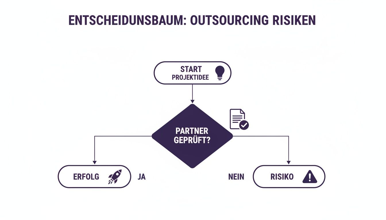 Ein Entscheidungsbaum zu Outsourcing-Risiken, der den Fluss von der Projektidee zur Partnerprüfung bis zum Erfolg oder Risiko zeigt.