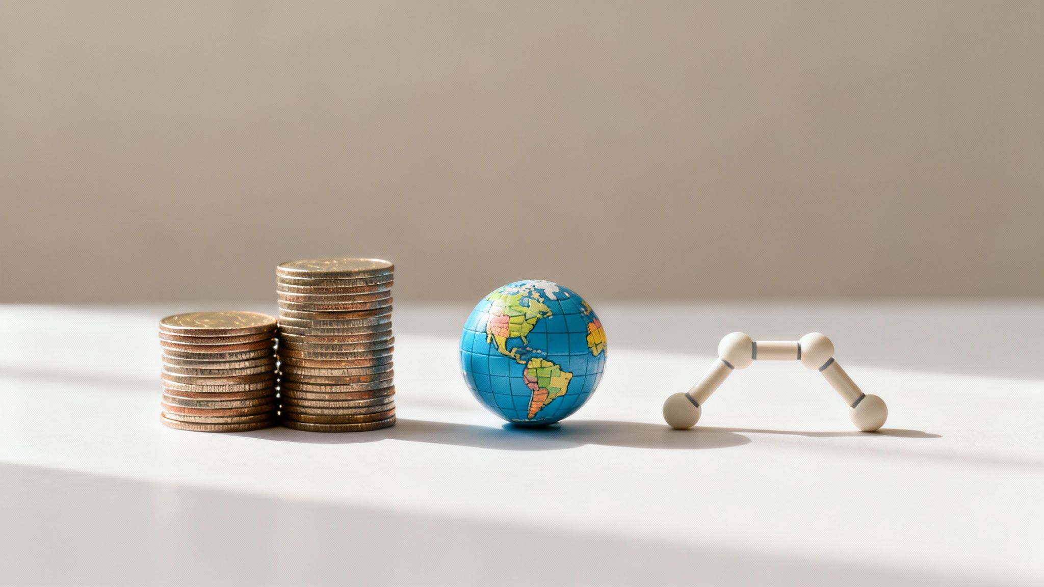 Zwei Münzstapel, ein kleiner Globus und ein abstraktes Verbindungsmodell auf weißem Hintergrund mit Schatten.