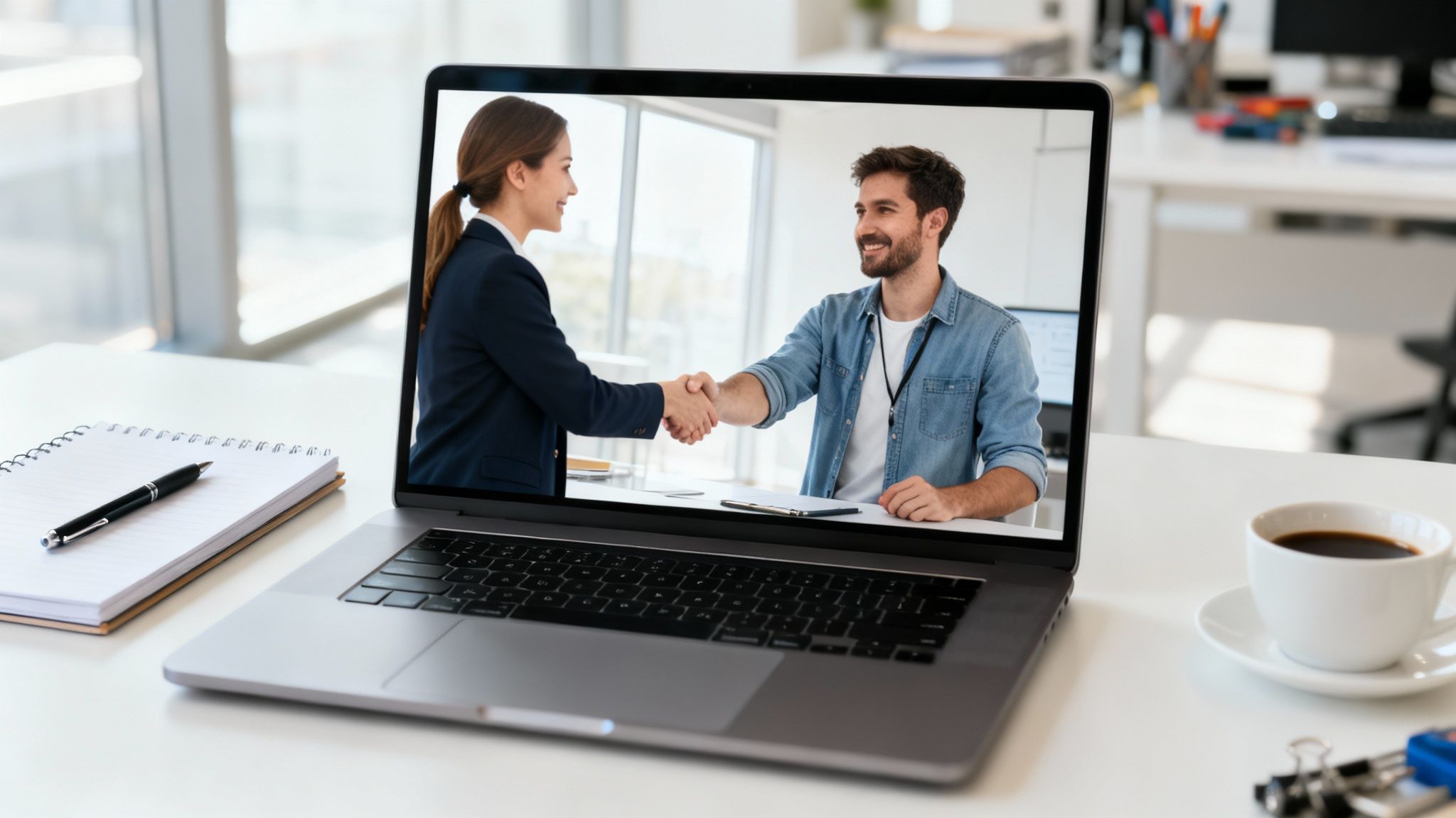 Ein Laptop zeigt einen virtuellen Handschlag zwischen zwei Personen auf einem Bürotisch mit Kaffee und Notizbuch.