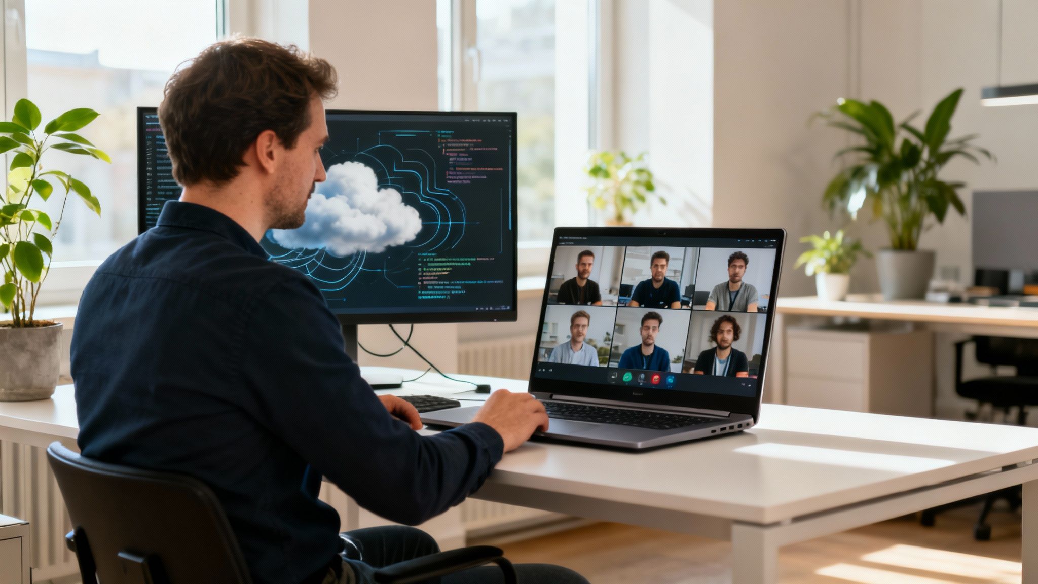 Ein Mann sitzt an einem Schreibtisch, betrachtet einen Laptop mit einer Videokonferenz und einen Monitor mit Cloud-Technologie.