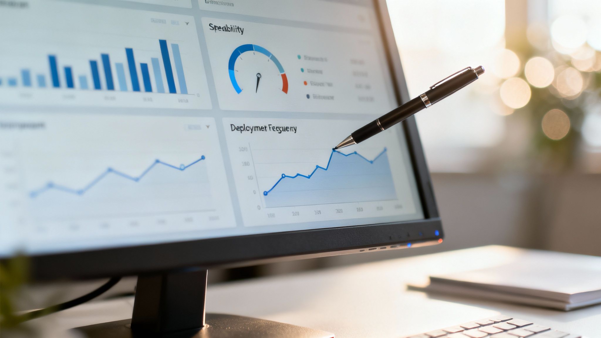 Computerbildschirm zeigt Datenanalyse und Diagramme. Ein Stift hebt einen steigenden Trend bei der Bereitstellungshäufigkeit hervor.