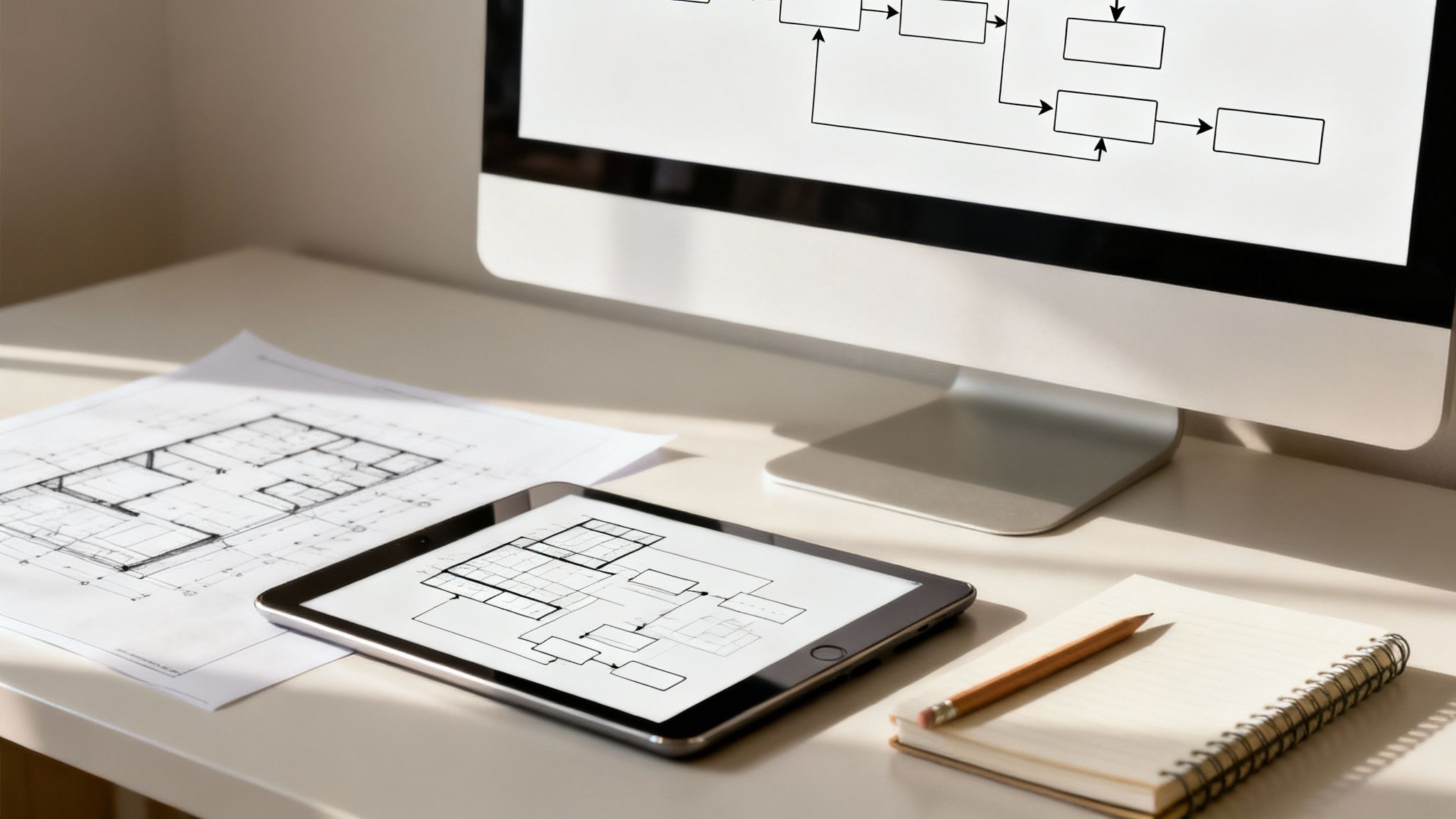 Ein Schreibtisch mit Monitor, Tablet, Bauplänen und Notizbuch, der eine Arbeitsumgebung für Planung und Design zeigt.