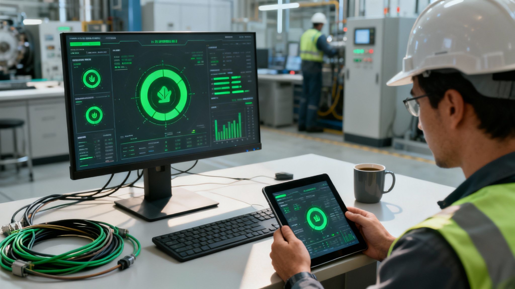 Ingenieur überwacht Anlagendaten auf Monitor und Tablet in einer industriellen Umgebung.