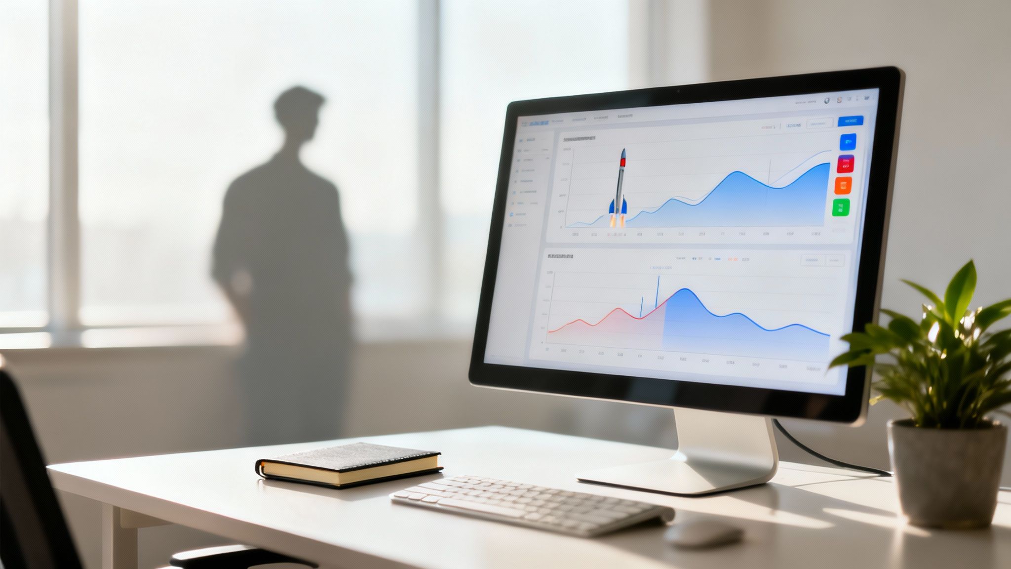 Ein Schreibtisch mit Computer, der Wachstumsdiagramme anzeigt, Notizbuch und Pflanze, mit einer Personen-Silhouette im Hintergrund.