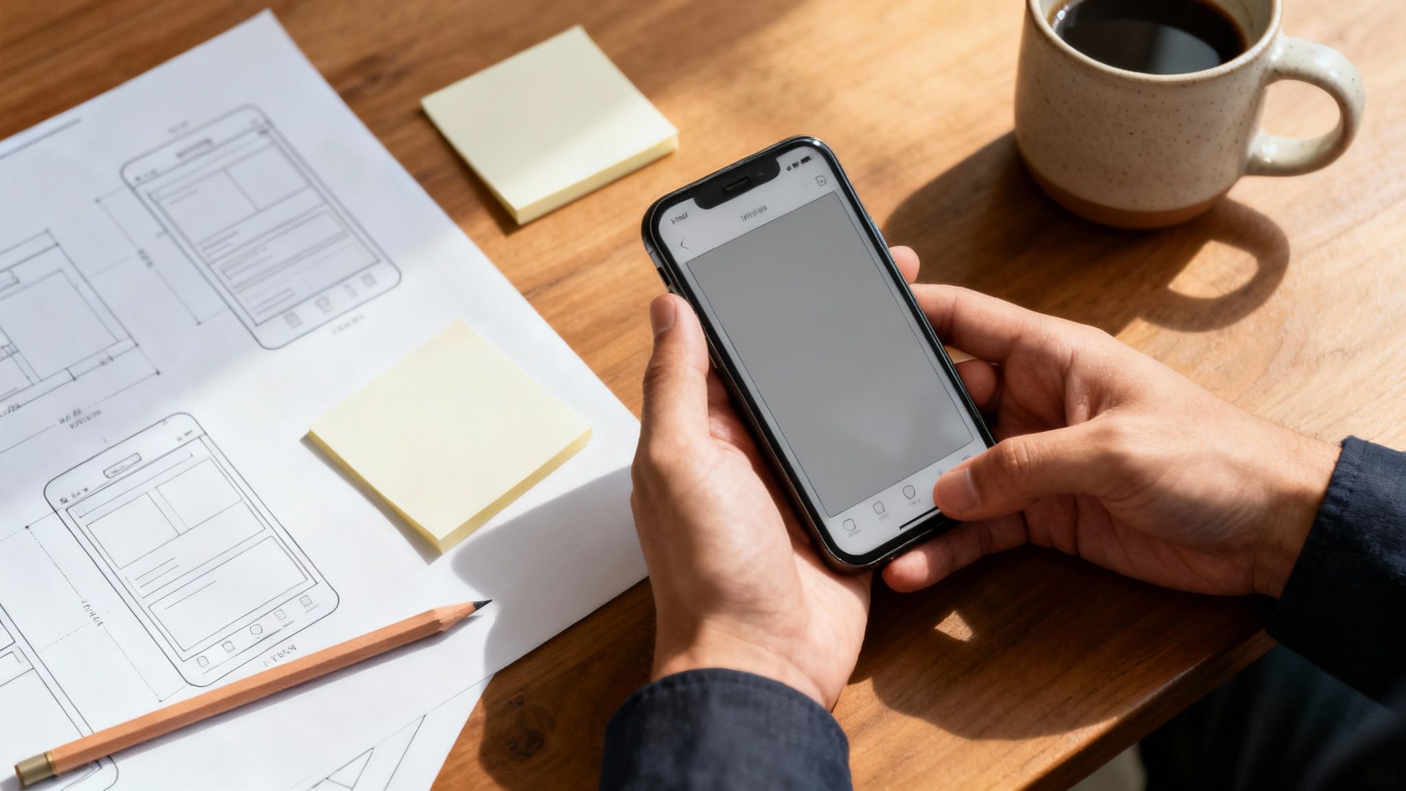 Hände halten Smartphone neben Wireframes, Notizzetteln und Kaffee auf Holztisch – App-Design-Arbeit.