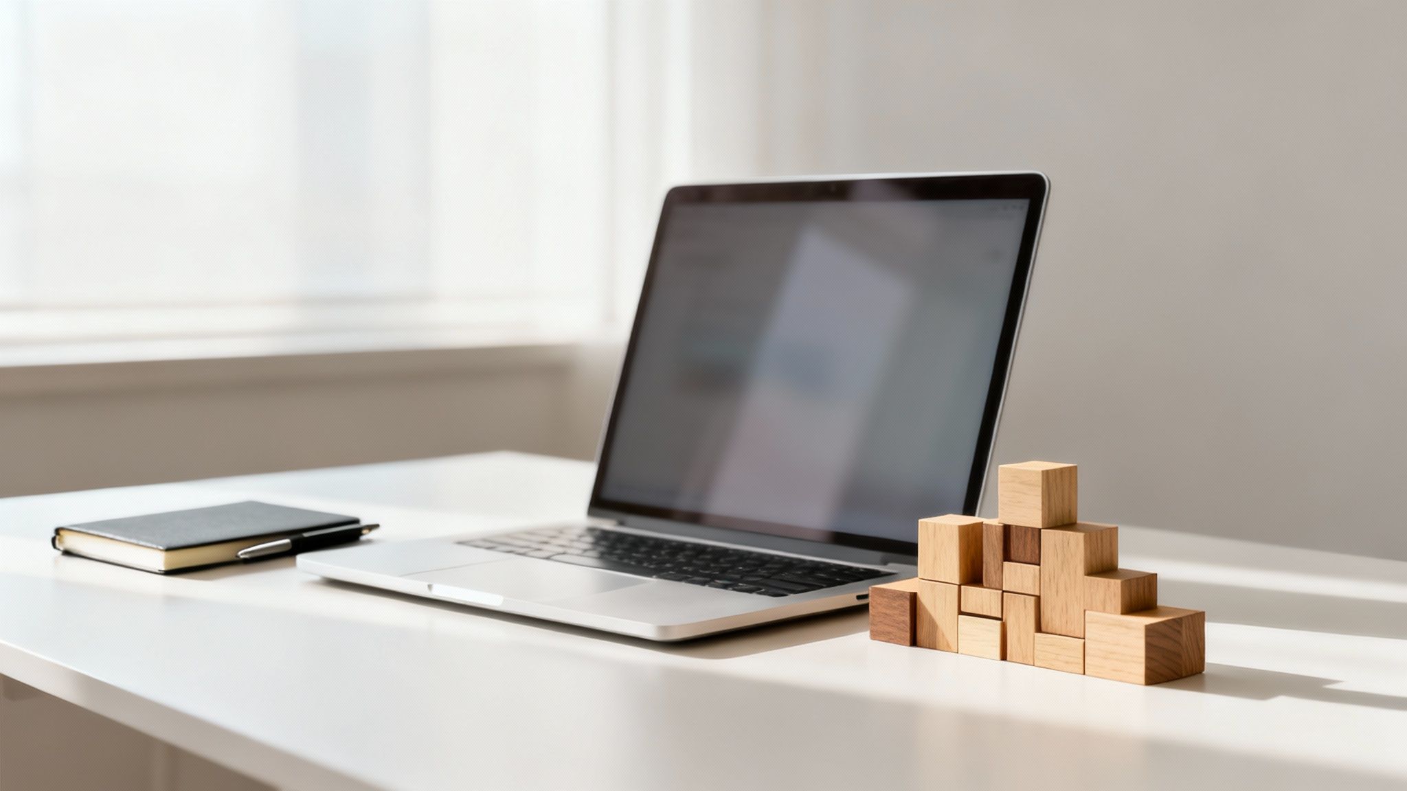 Ein heller Arbeitsplatz mit Laptop, Notizbuch, Stift und Holzbausteinen auf einem weißen Schreibtisch.