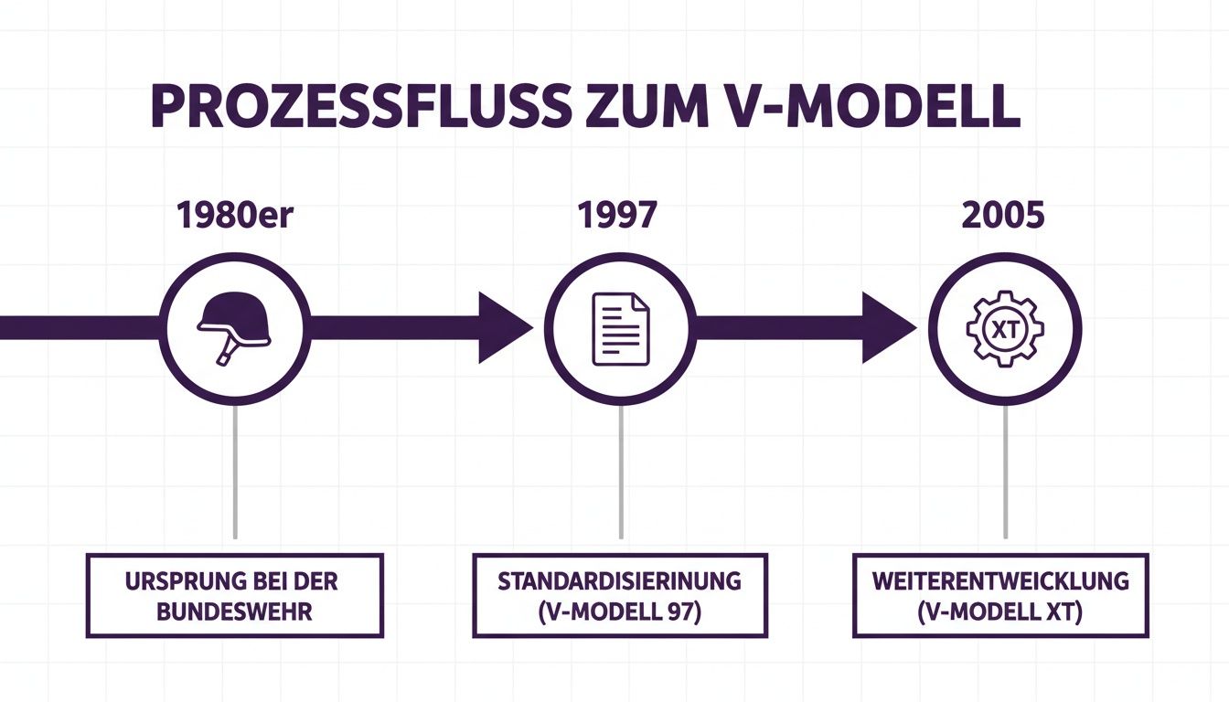 Zeitleiste des Prozessflusses zum V-Modell, illustrierend dessen Entwicklung von den 1980ern bis 2005.