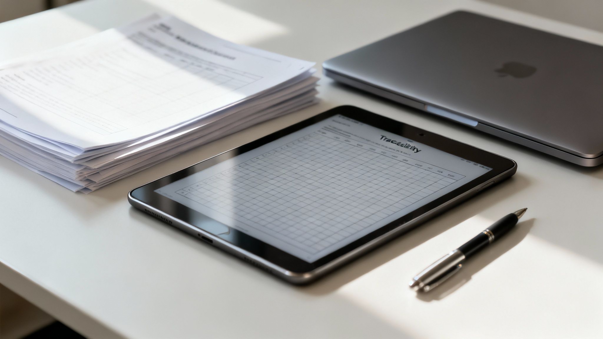 Auf einem weißen Schreibtisch liegen ein Stapel Dokumente, ein Tablet mit einer Gittertabelle, ein geschlossenes MacBook und ein Stift.