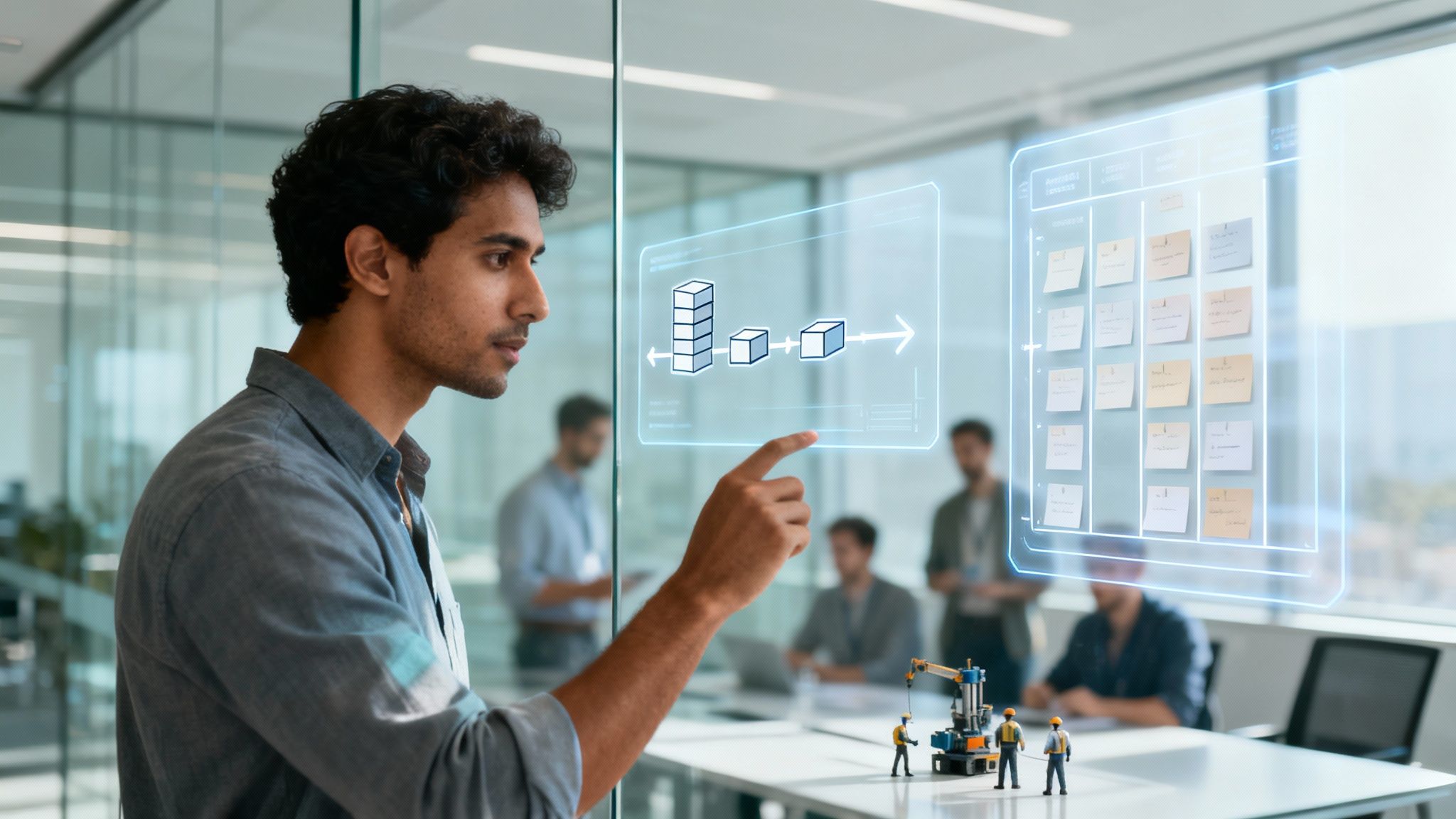 Junger Mann interagiert mit holografischem Bildschirm in einem modernen Büro, zeigt Diagramme und Notizen.