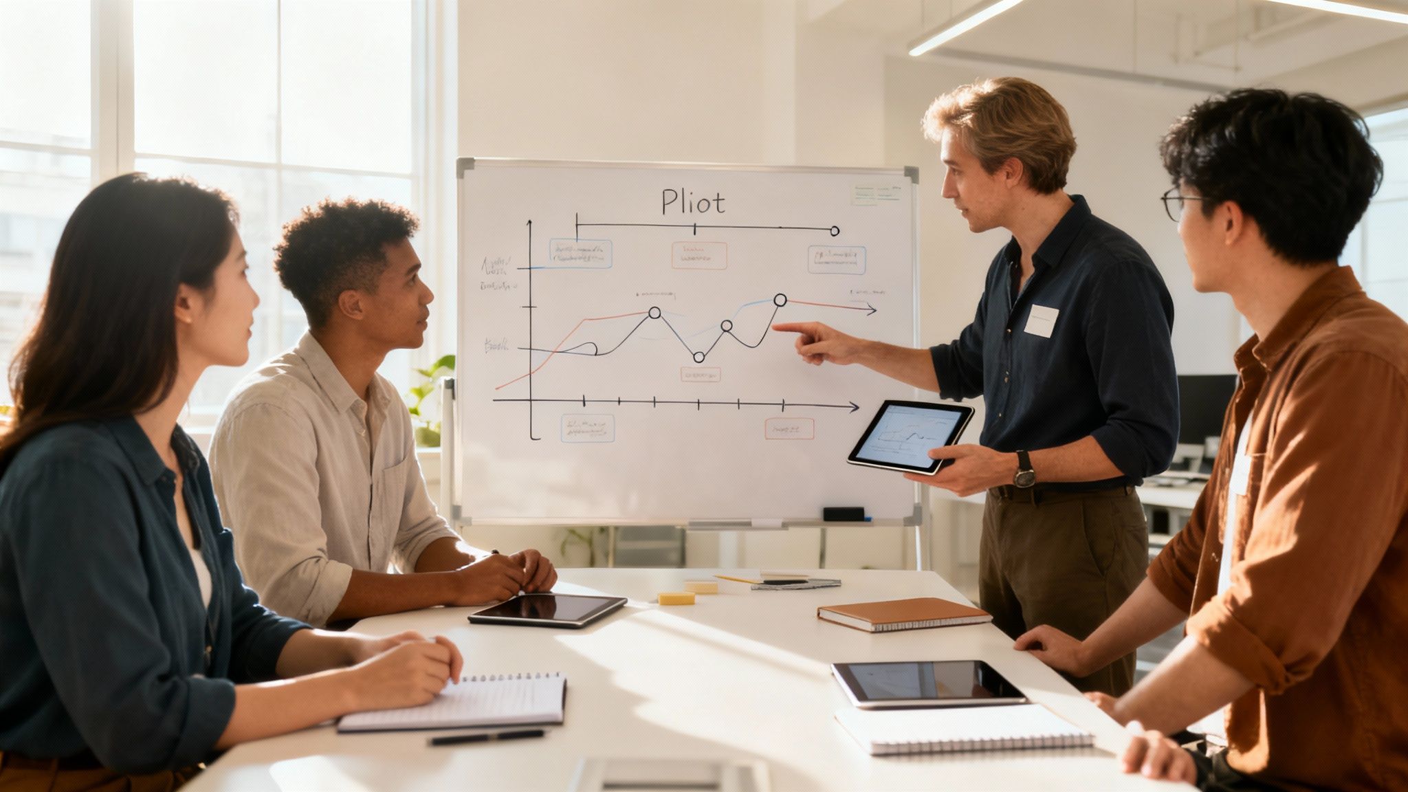 Ein Mann präsentiert eine Prozessgrafik auf einem Whiteboard vor drei Kollegen in einem hellen Büro.