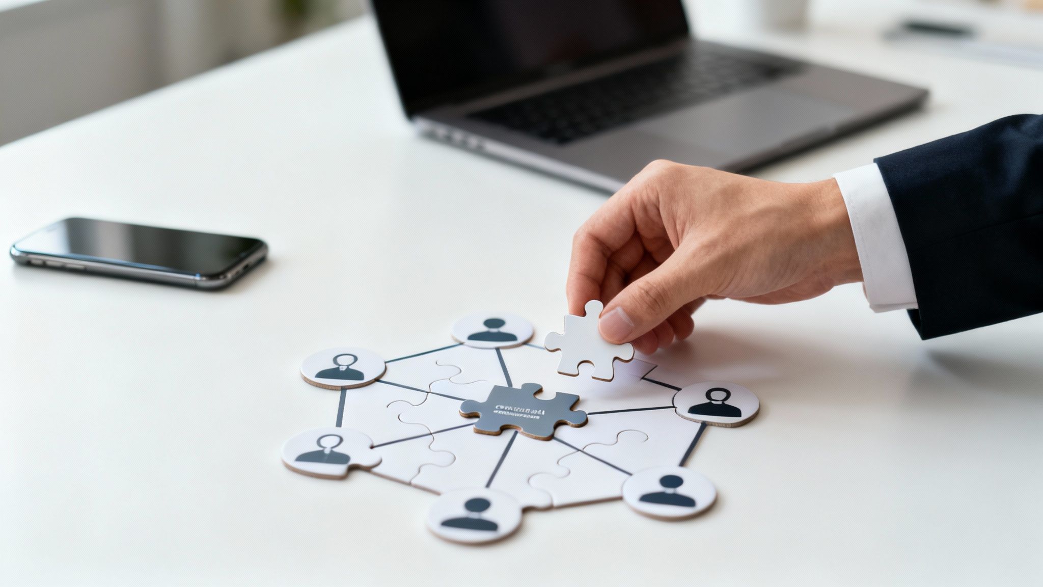 Hand setzt Puzzleteil mit Software-Entwicklung-Text in ein Netzwerk aus Personensymbolen, symbolisiert Teamarbeit.