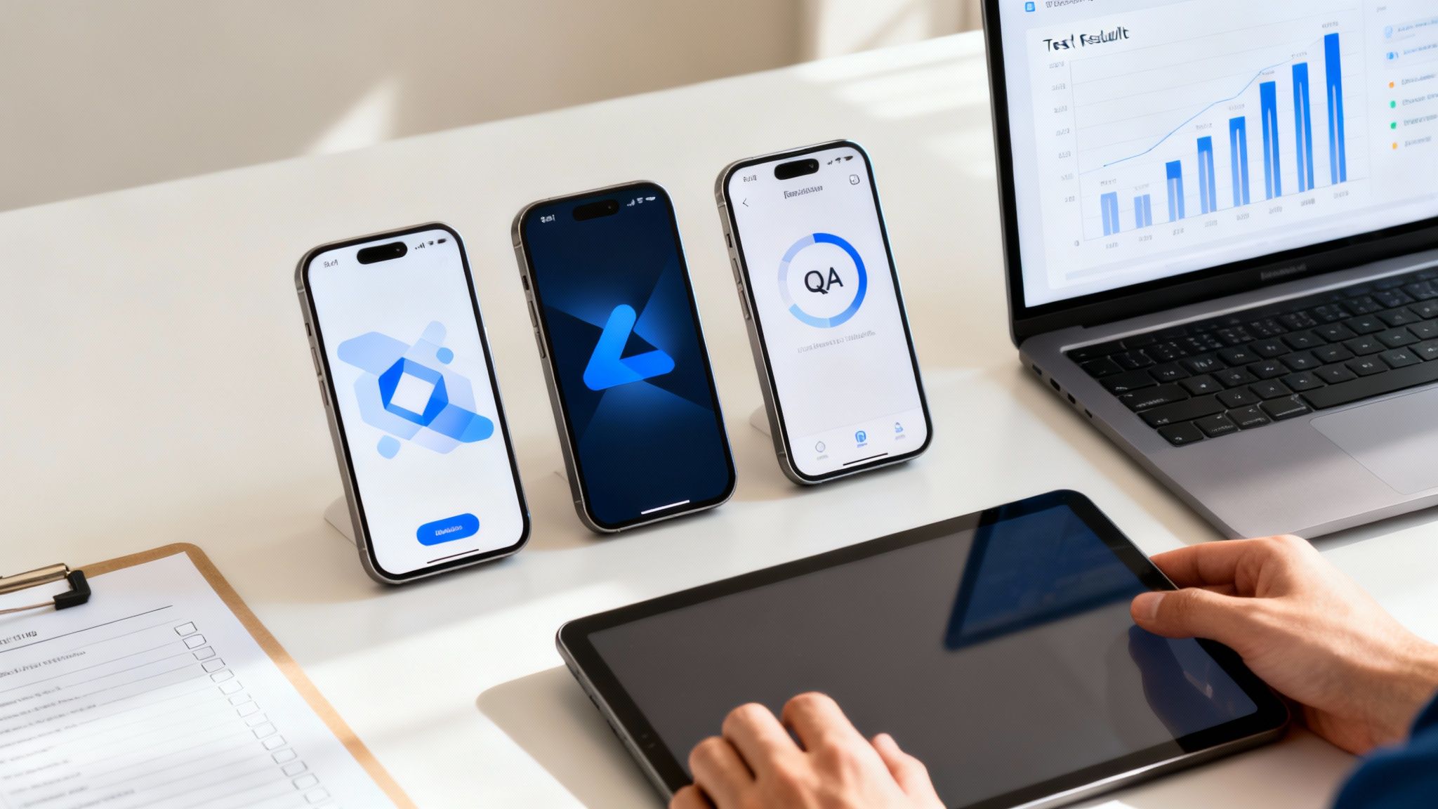 Drei Smartphones mit Anwendungsdisplays, ein Laptop mit Diagrammen und ein Tablet auf einem weißen Schreibtisch.