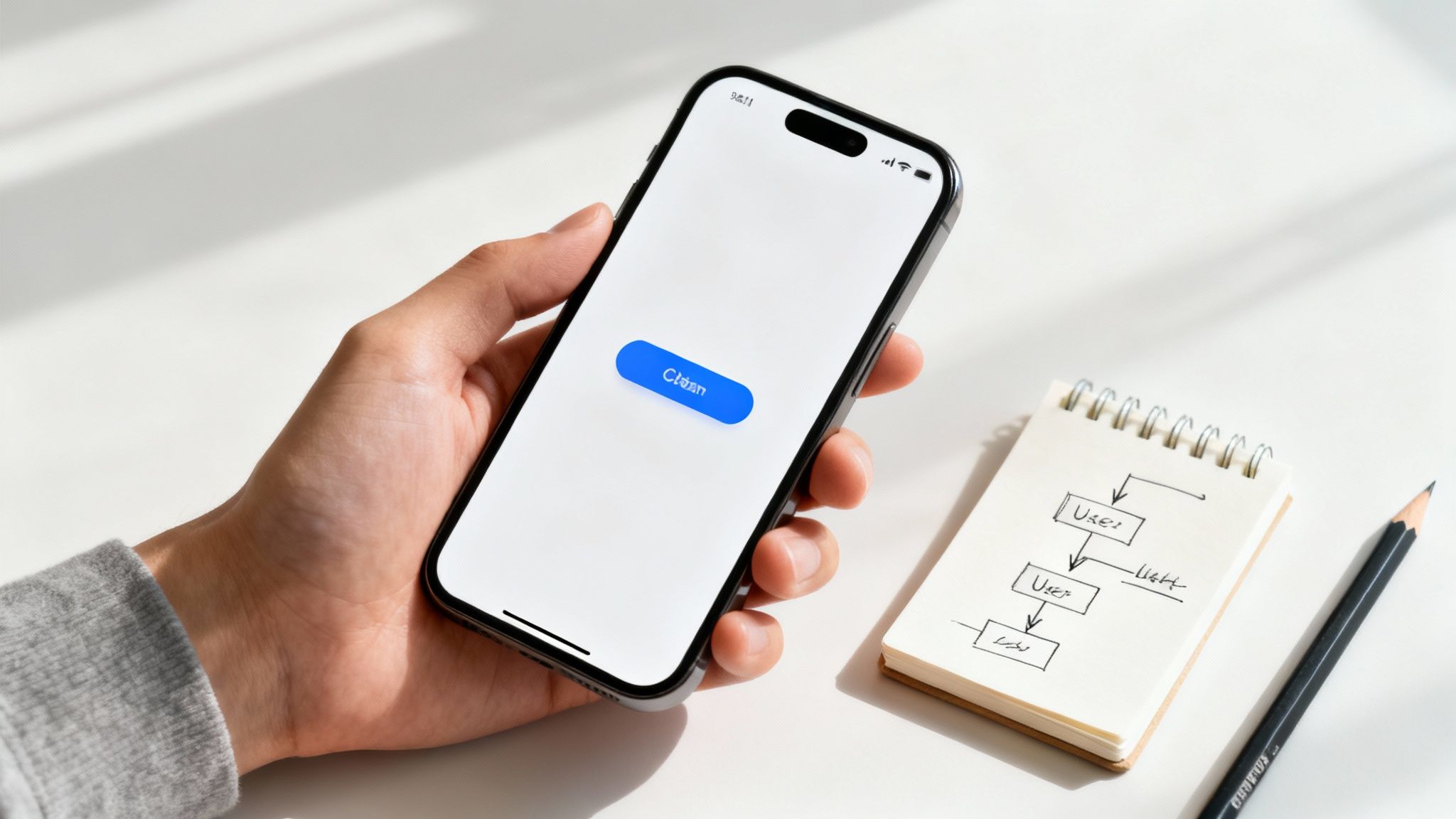 Eine Hand hält ein Smartphone mit einem blauen "Clean"-Button auf weißem Bildschirm. Daneben liegen ein Notizbuch mit Flussdiagramm und ein Bleistift.