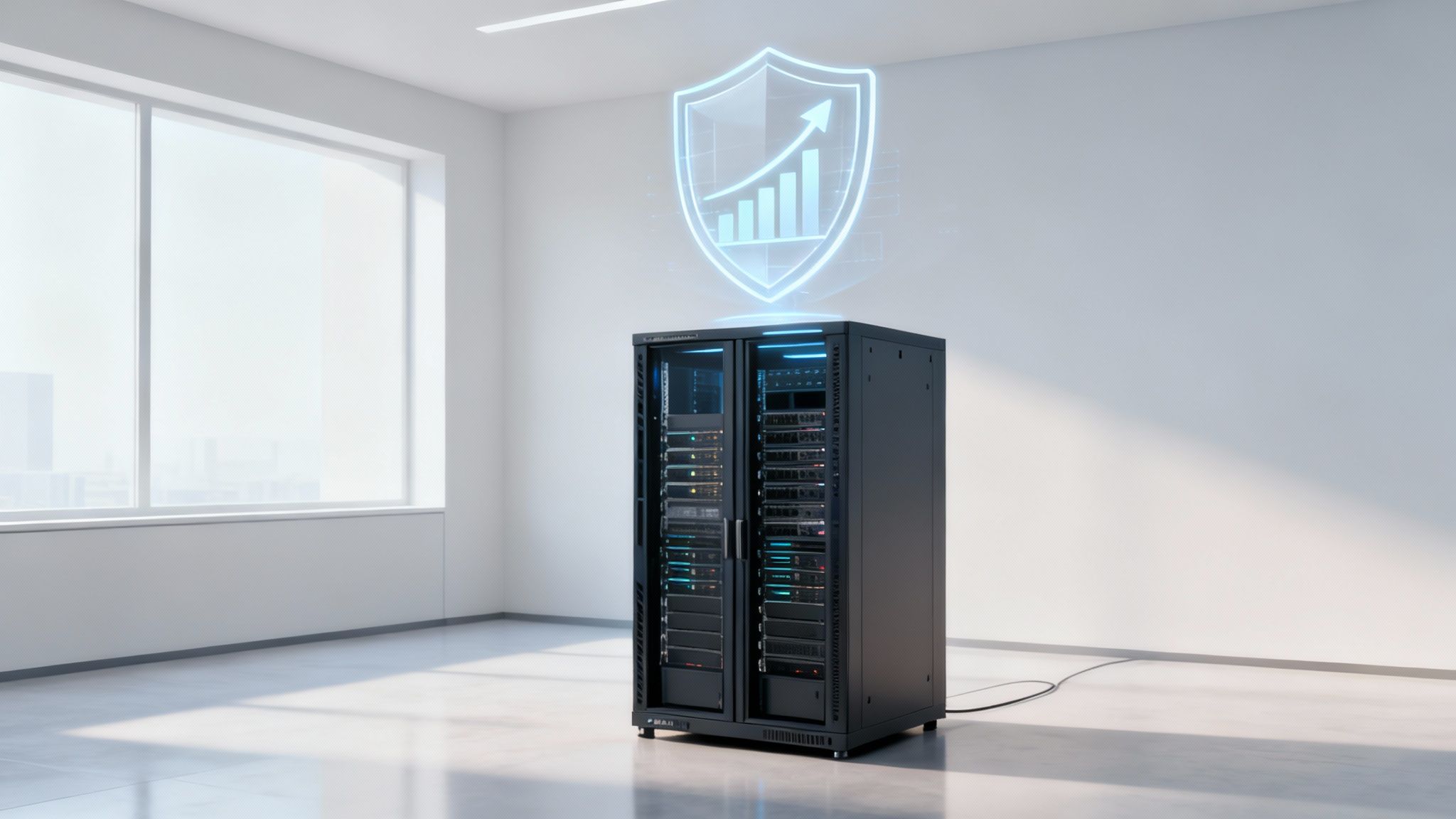 Server-Rack in einem hellen, modernen Raum mit großem Fenster und einem schwebenden holografischen Sicherheitsschild, das Wachstum symbolisiert.