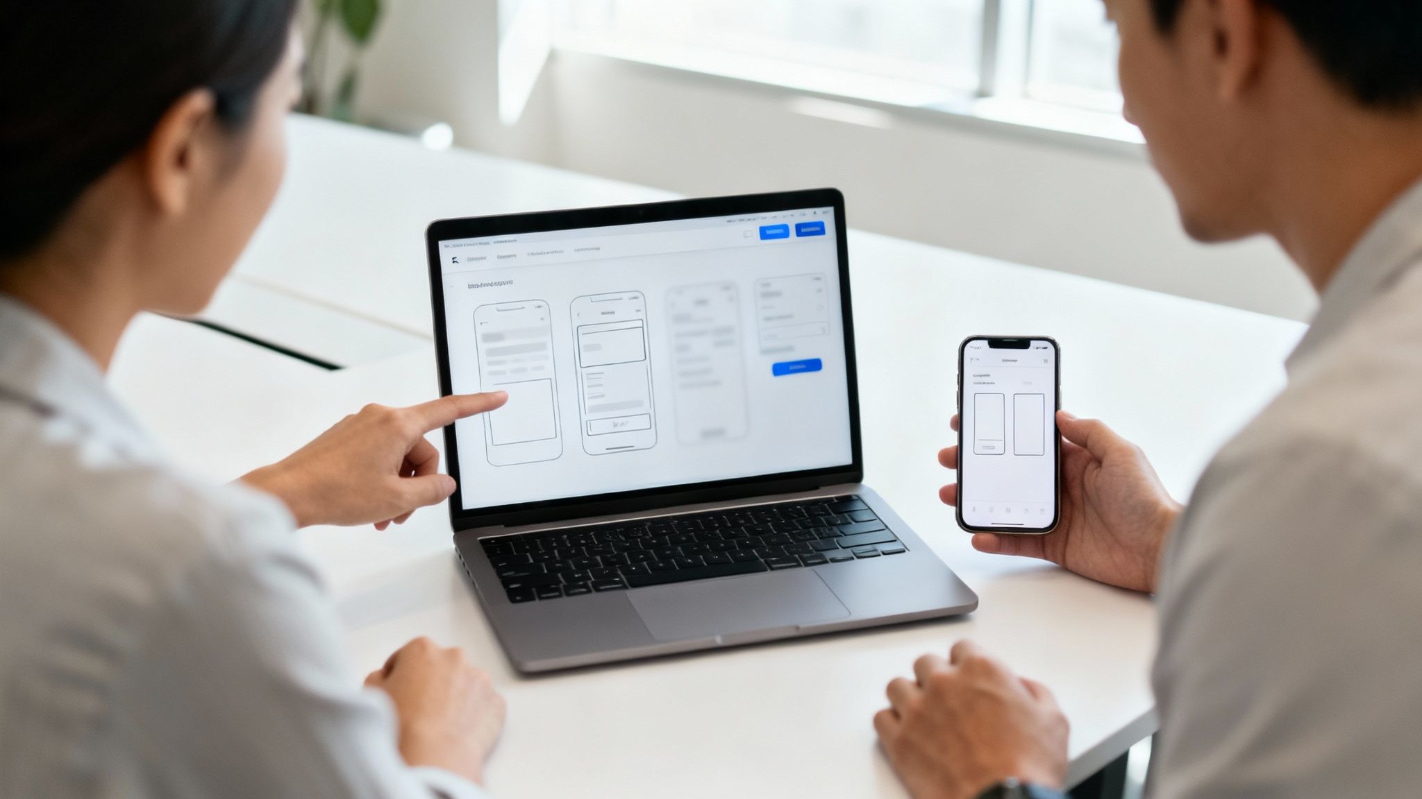 Zwei Personen entwickeln Web-Apps, eine zeigt auf den Laptop, die andere hält ein Smartphone.