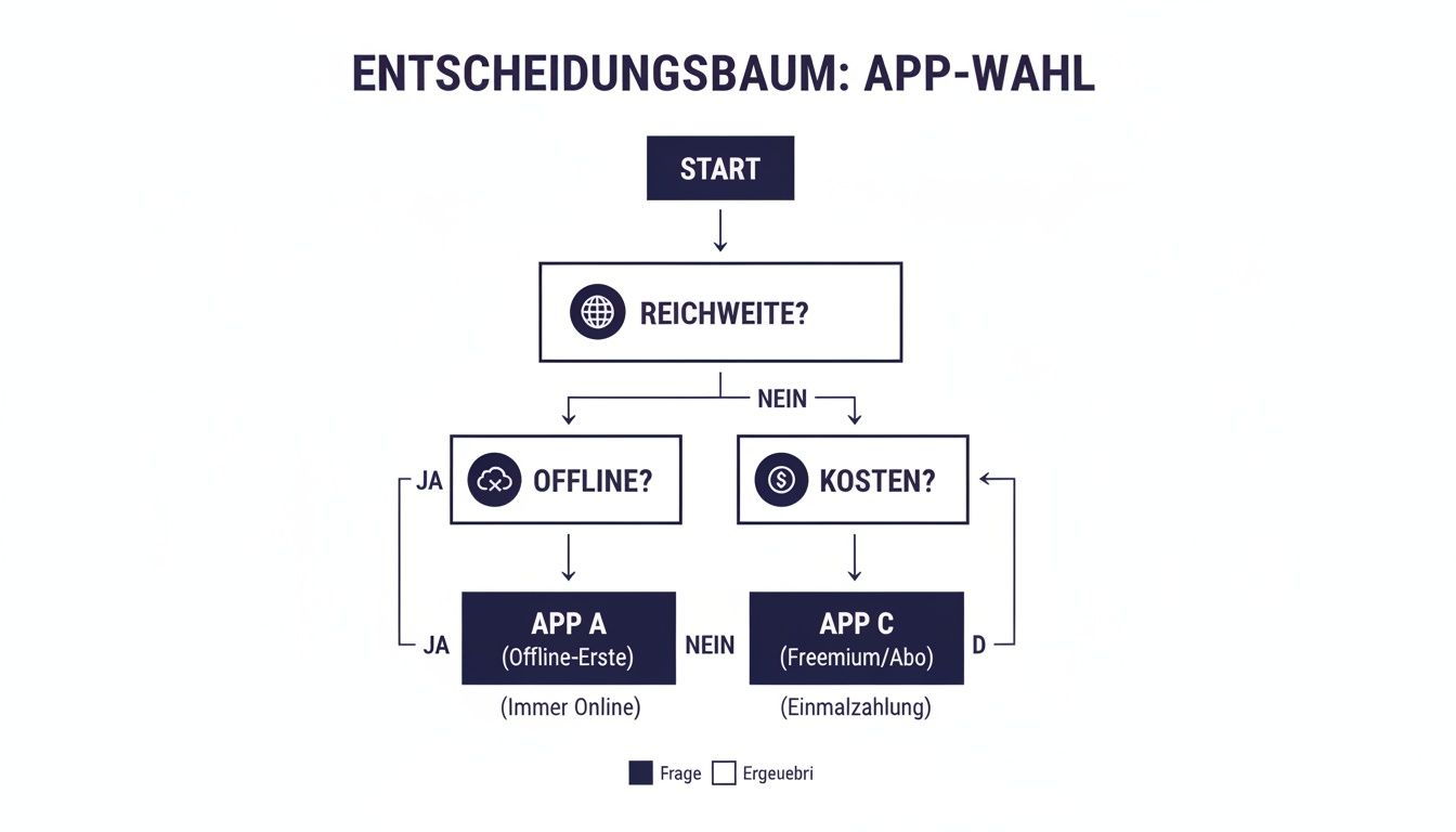Ein Entscheidungsbaum zur Wahl einer App basierend auf Reichweite, Offline-Funktion und Kosten.