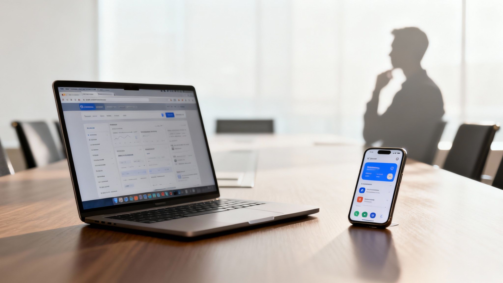 Laptop und Smartphone auf einem Holztisch in einem modernen Büro mit der Silhouette einer Person im Hintergrund. Beide Geräte zeigen App-Oberflächen.