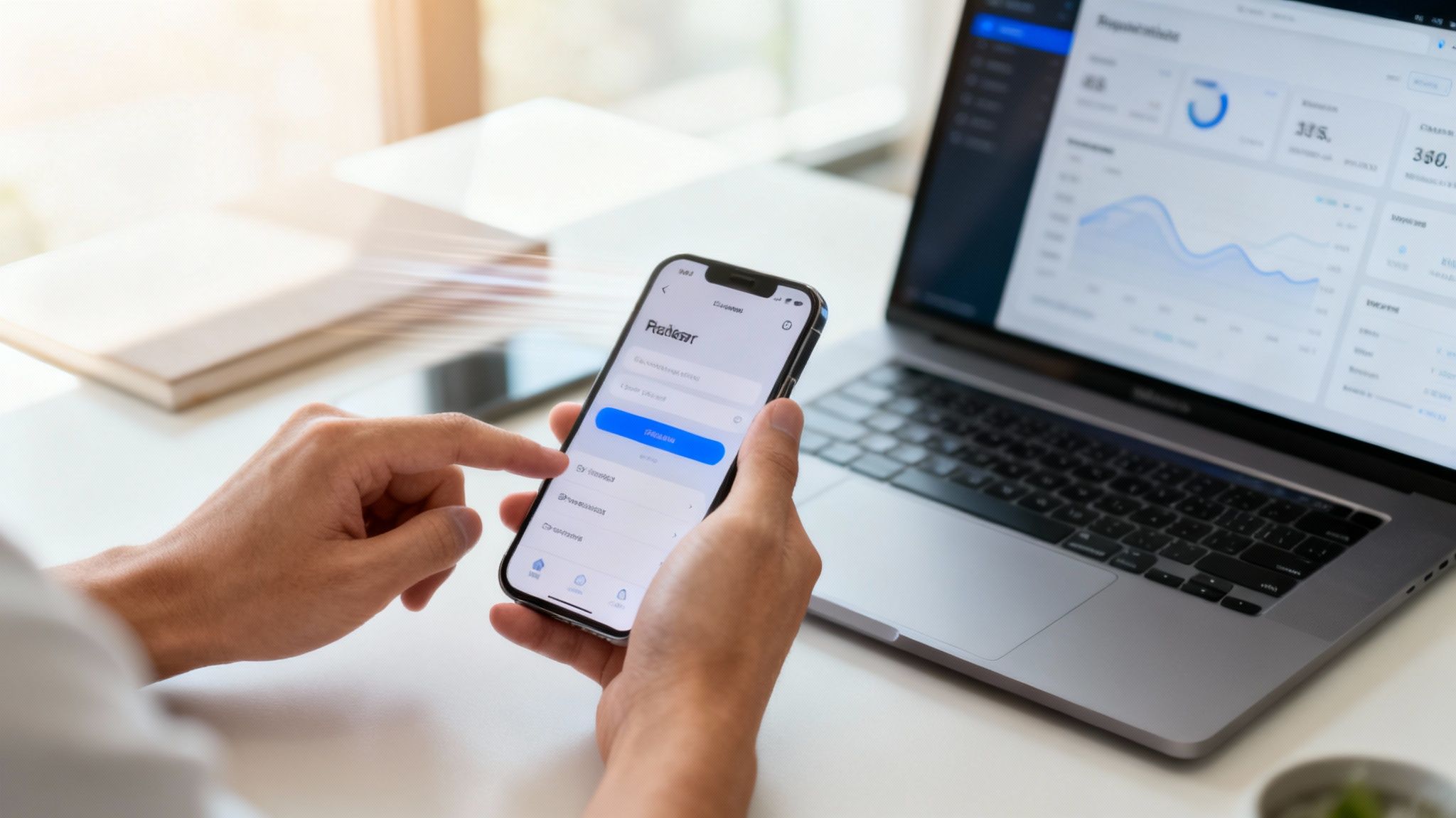 Hände bedienen ein Smartphone mit einer App, während im Hintergrund ein Laptop Datenanalysen zeigt.