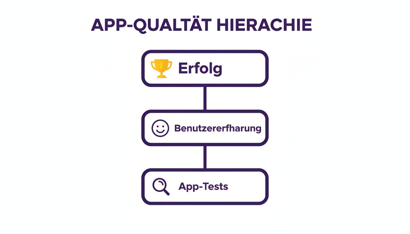Hierarchische Darstellung der App-Qualität: App-Tests führen zu Benutzererfahrung und letztendlich zum Erfolg.