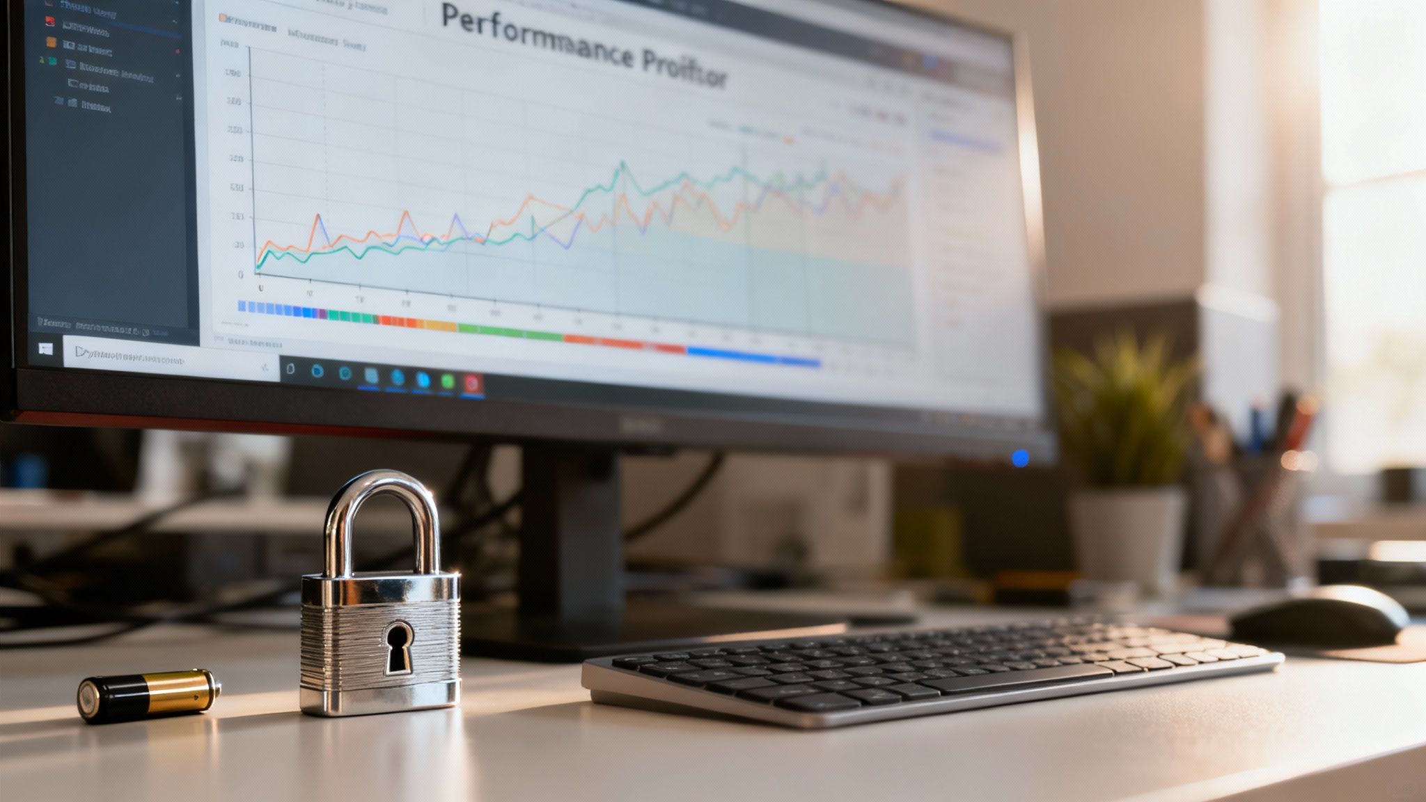 Ein Schreibtisch mit Computerbildschirm, der Leistungsdaten anzeigt, einem Vorhängeschloss und einer Batterie.