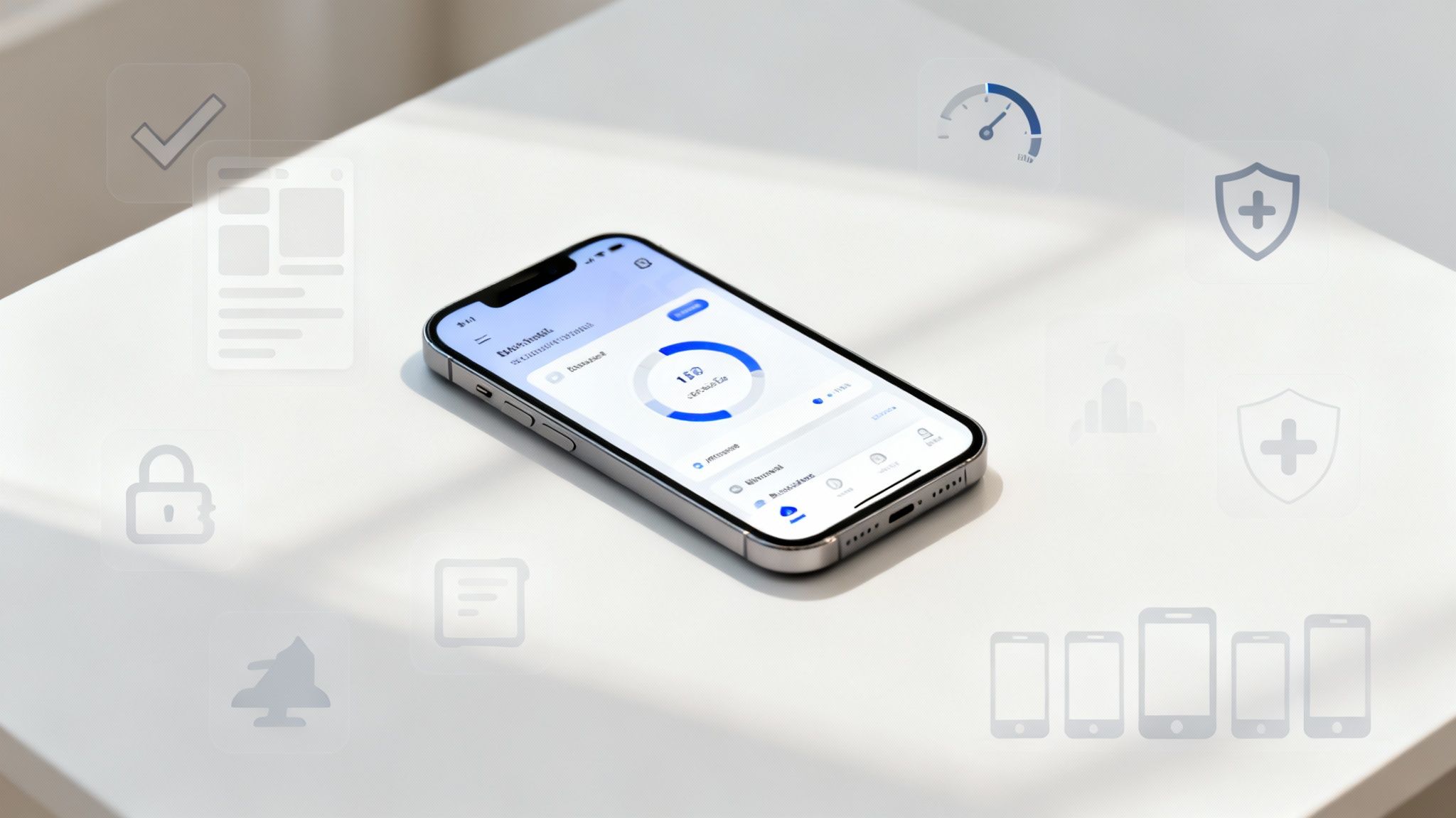 Smartphone mit App, umgeben von Icons für Sicherheit, Leistung und Kompatibilität.
