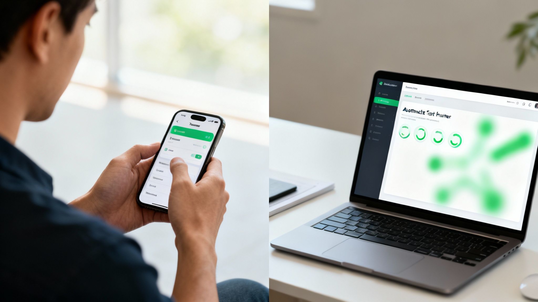 Ein Mann bedient ein Smartphone und einen Laptop mit einer grünen App-Oberfläche für Tests oder Entwicklung.