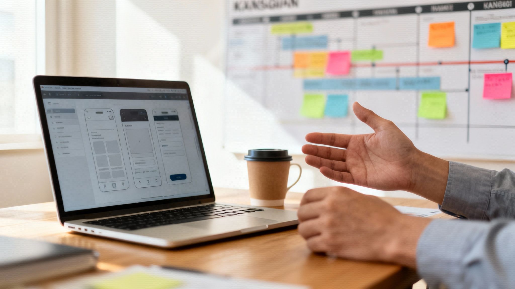 Eine Person diskutiert mobile App-Designs auf einem Laptop, mit Kaffee und Whiteboard im Hintergrund.