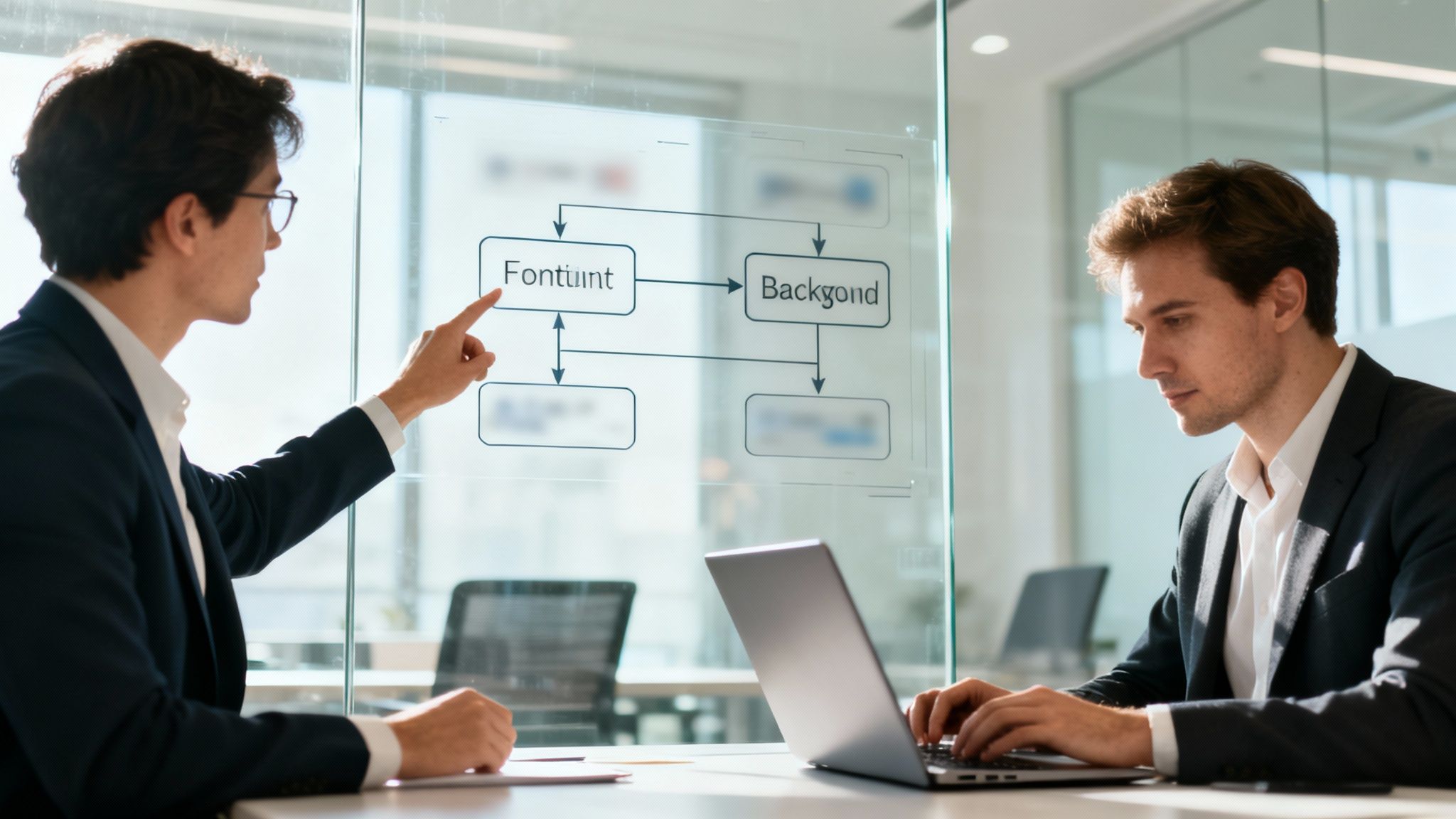 Zwei Geschäftsleute in einem Büro besprechen ein Flussdiagramm auf einer Glastafel, während einer am Laptop arbeitet.
