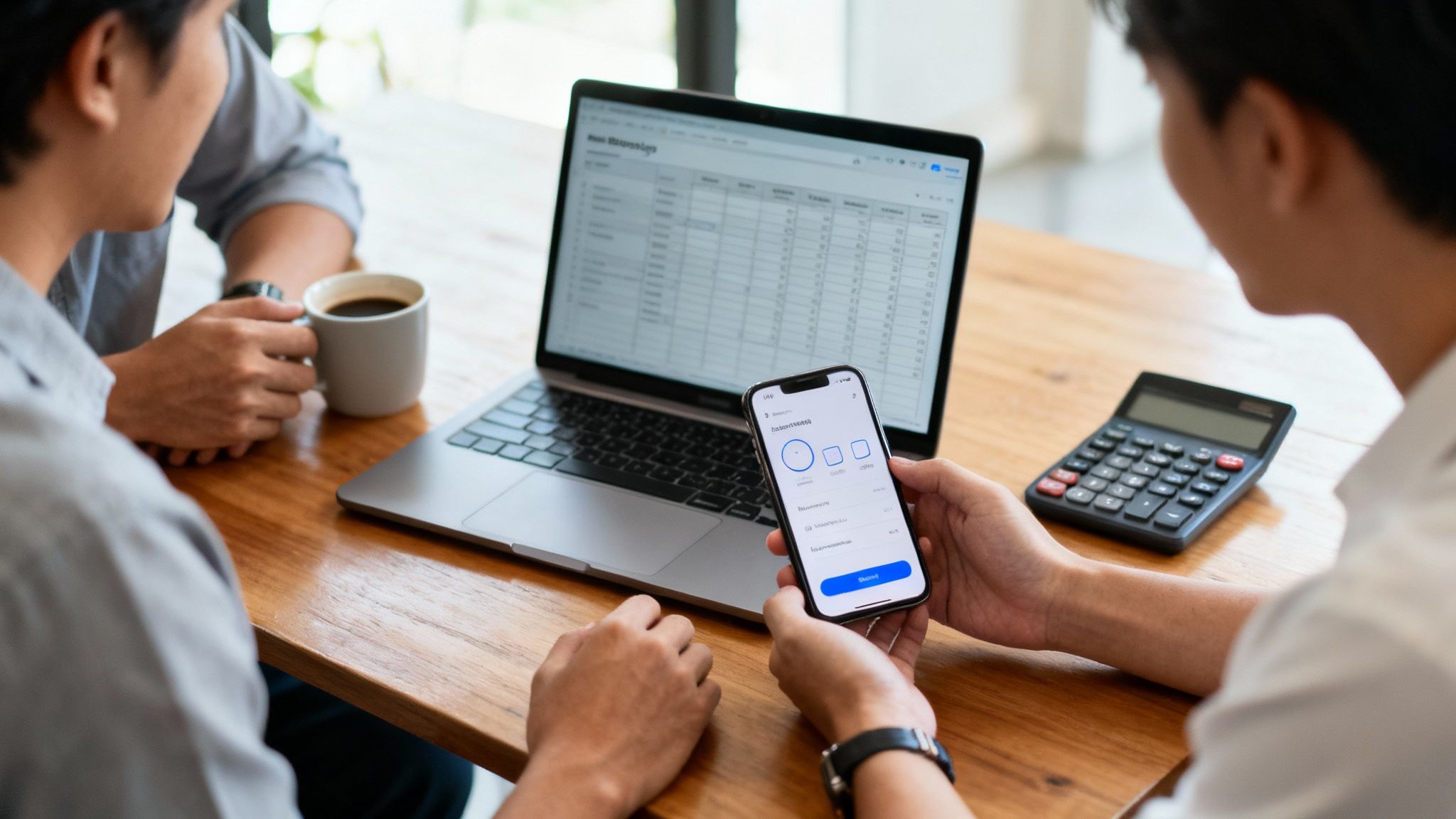 Zwei Personen besprechen Finanzdaten an einem Holztisch mit Laptop, Smartphone-App und Taschenrechner.