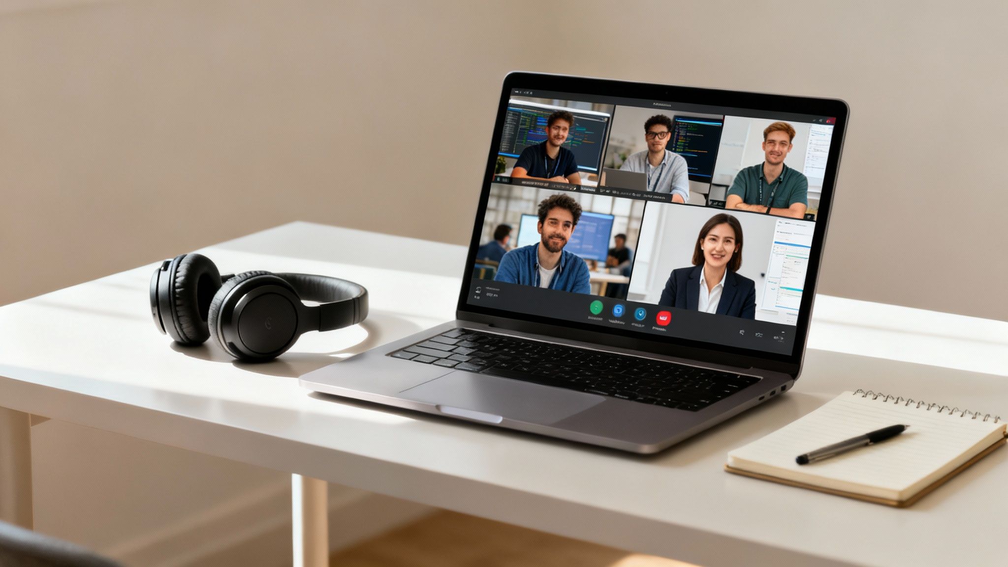 Laptop auf Schreibtisch mit Videokonferenz, Kopfhörer und Notizbuch, zeigt Remote-Arbeitsszene.