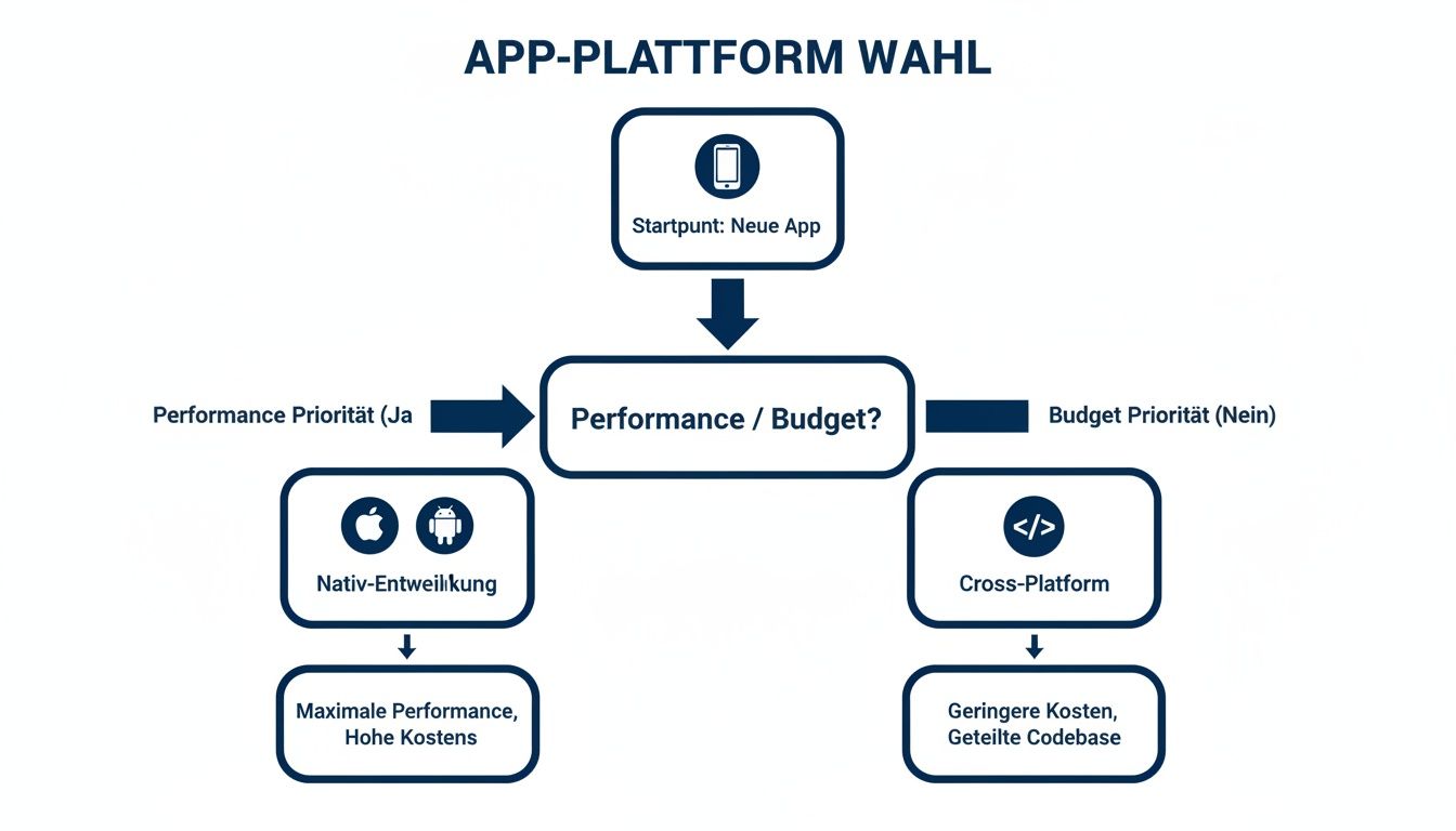 Flussdiagramm zur App-Plattform-Wahl: Startpunkt neue App, dann Entscheidung Performance oder Budget, führt zu nativer oder Cross-Plattform Entwicklung mit jeweiligen Vorteilen und Kosten.