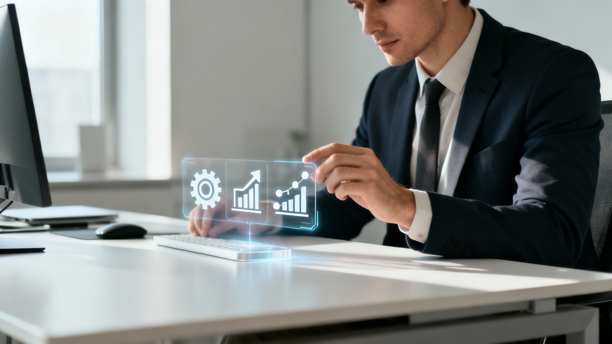 Geschäftsmann nutzt holografisches Interface mit Symbolen für Einstellungen, Analysen und Wachstum in einem modernen Büro.