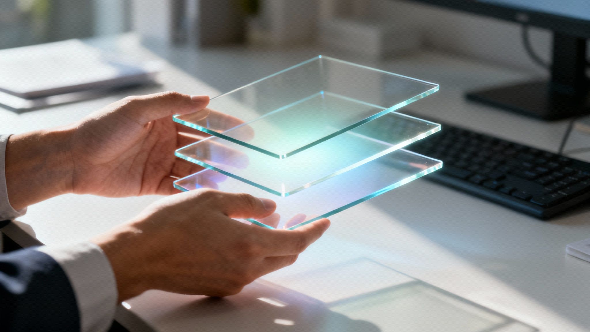 Hände halten schwebende, leuchtende Glasplatten, die moderne Technologie oder Daten repräsentieren.