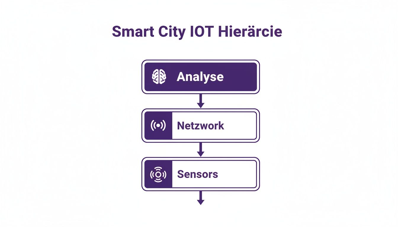 Das Diagramm zeigt die Hierarchie eines IoT-Systems in einer Smart City, von Analyse über Netzwerk bis zu Sensoren.