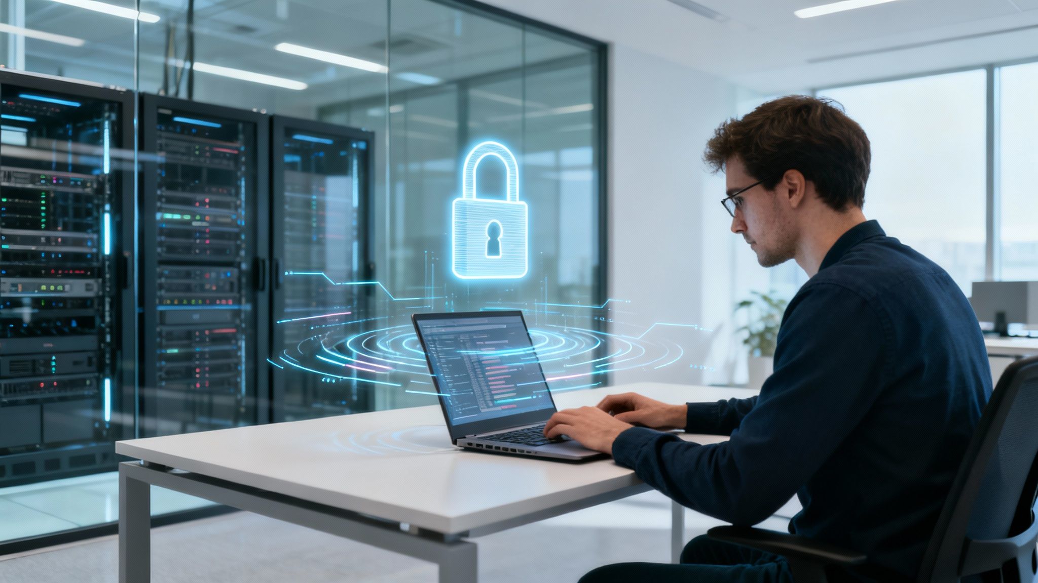 Junger Mann arbeitet im Serverraum am Laptop mit digitaler Schloss-Hologramm-Sicherheitsanzeige.