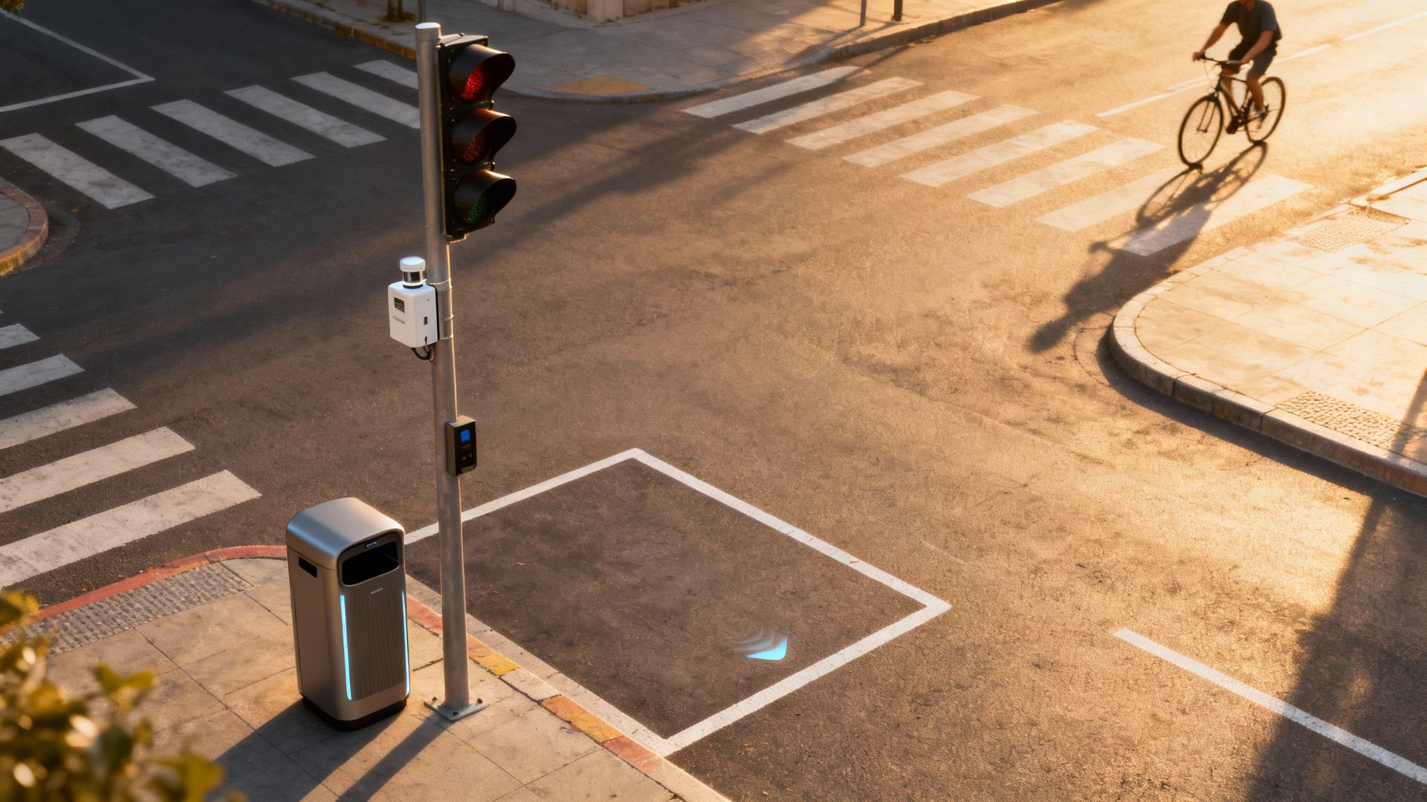 Vogelperspektive einer Smart City Kreuzung bei Sonnenuntergang mit Verkehrsampel, intelligentem Mülleimer, Sensor und Radfahrer.