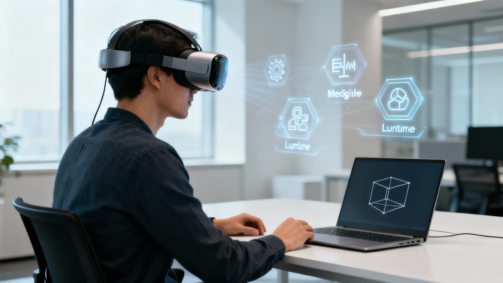 Mann trägt VR-Headset im Büro und interagiert mit einer digitalen Schnittstelle neben einem Laptop.