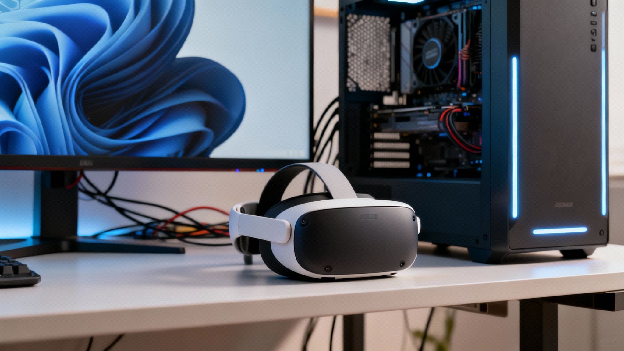 Ein VR-Headset liegt auf einem Schreibtisch neben einem Computermonitor und einem beleuchteten Gaming-PC.