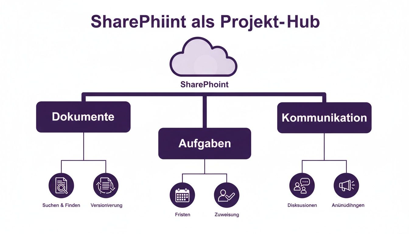 Diagramm zeigt SharePoint als Projekt-Hub mit Dokumenten, Aufgaben und Kommunikation, inklusive Unterfunktionen.