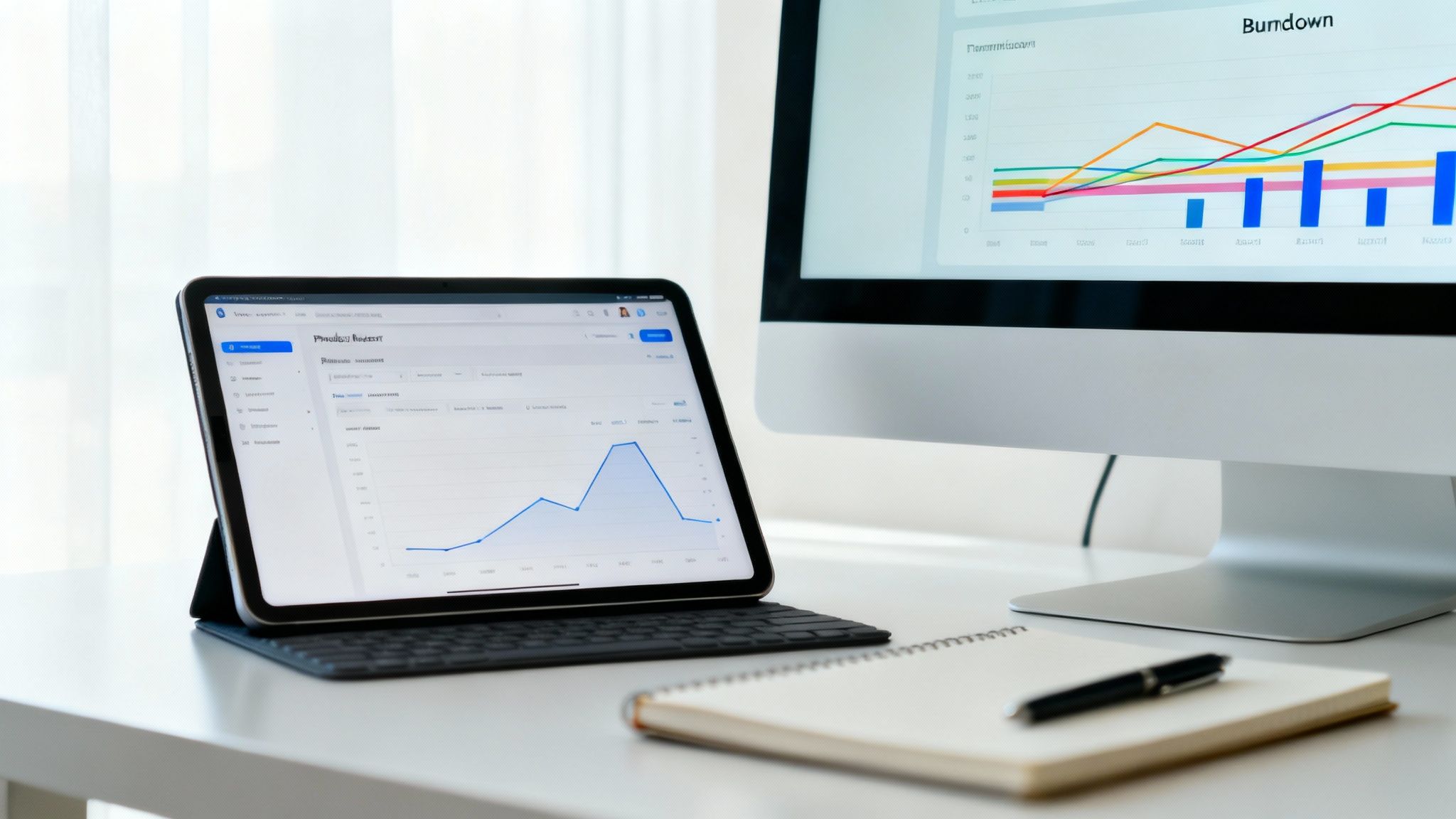 Arbeitsplatz mit Tablet und Monitor zeigt Diagramme und Geschäftsdaten, Notizbuch und Stift liegen bereit.