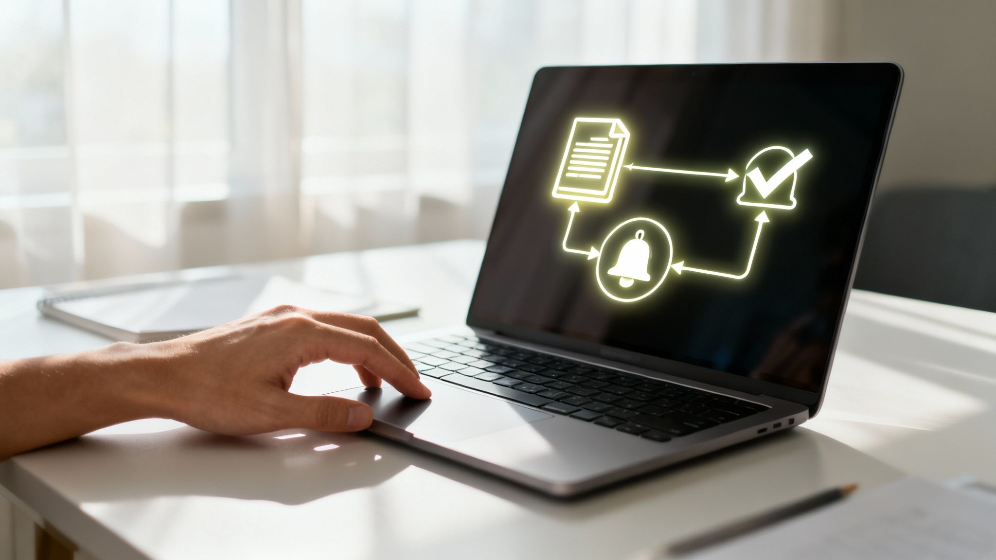 Ein Mann bedient einen Laptop mit leuchtenden Icons für Dokumenten- und Benachrichtigungsworkflow auf dem Bildschirm in einem hellen Büro.