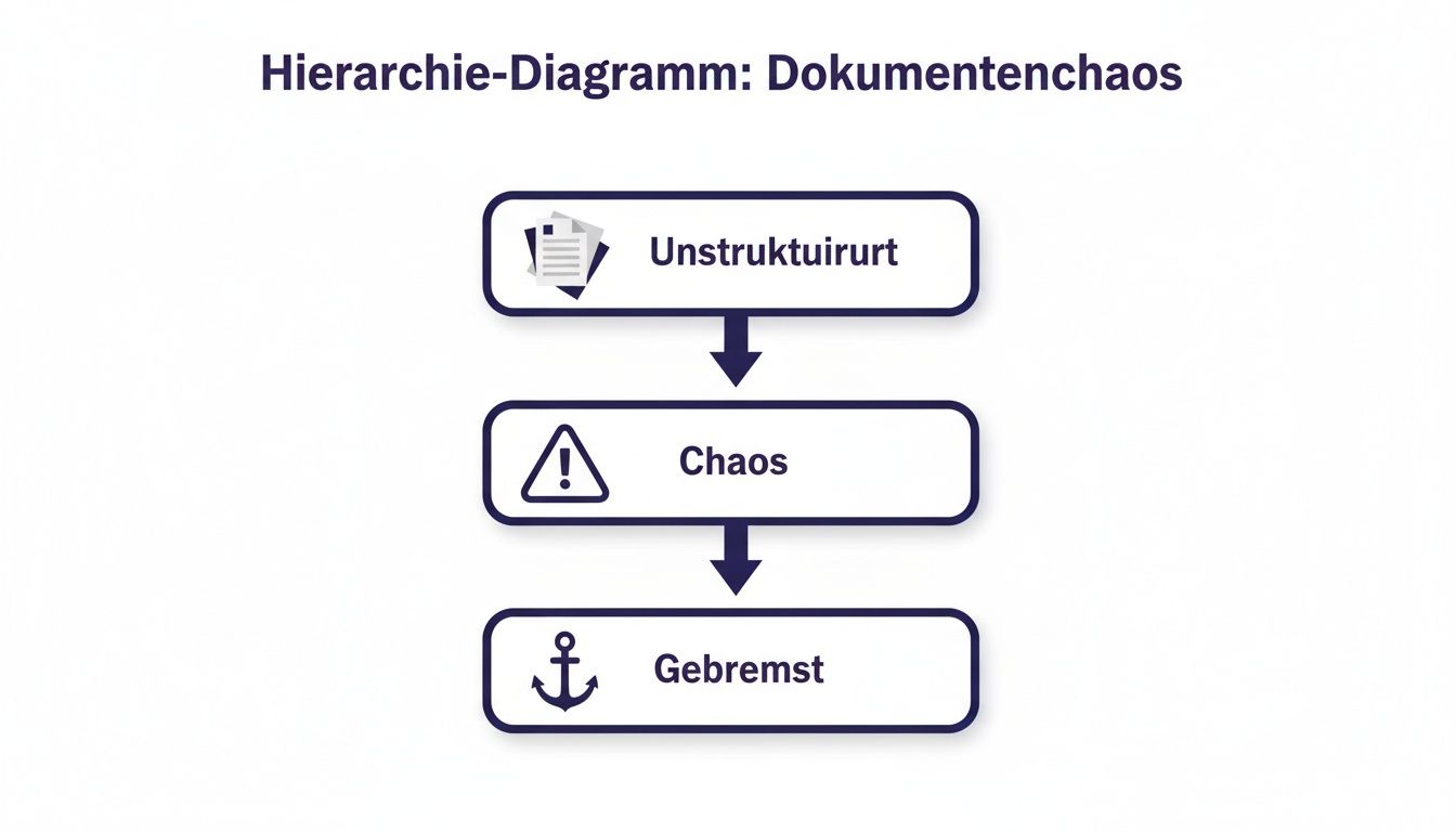 Hierarchie-Diagramm zum Dokumentenchaos, das von unstrukturierten Dokumenten über Chaos zu Stillstand führt.