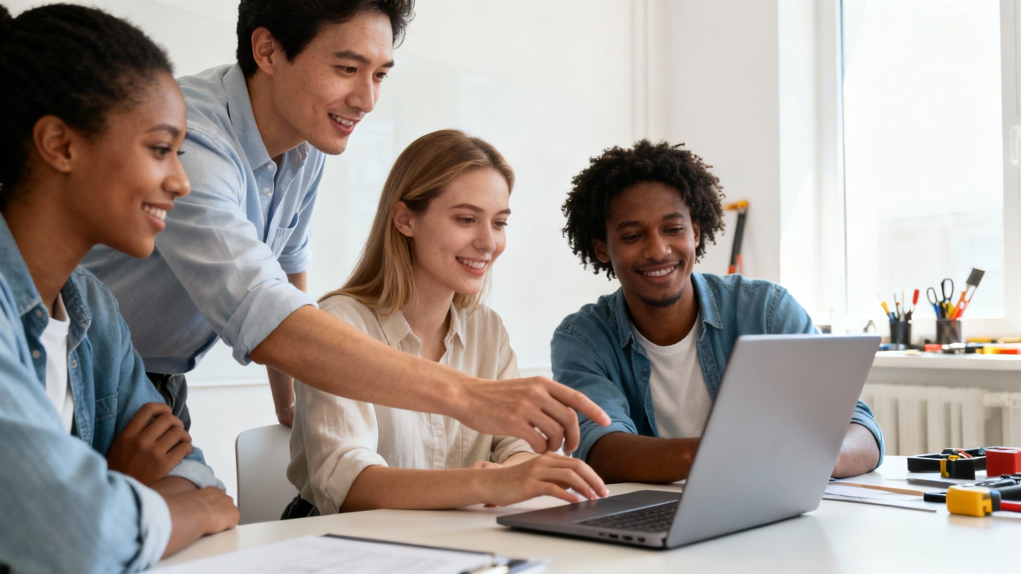 Vier lächelnde Studenten arbeiten gemeinsam an einem Laptop in einem modernen Klassenzimmer oder Büro.