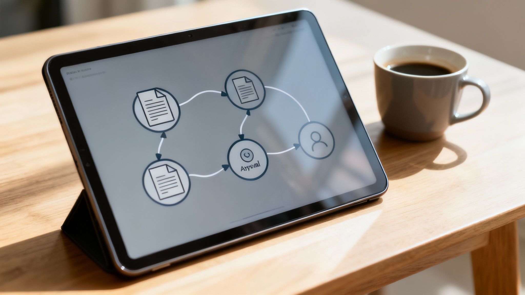 Tablet zeigt Dokumentenmanagement-Workflow mit Genehmigungsschritt; eine Kaffeetasse daneben auf Holztisch.