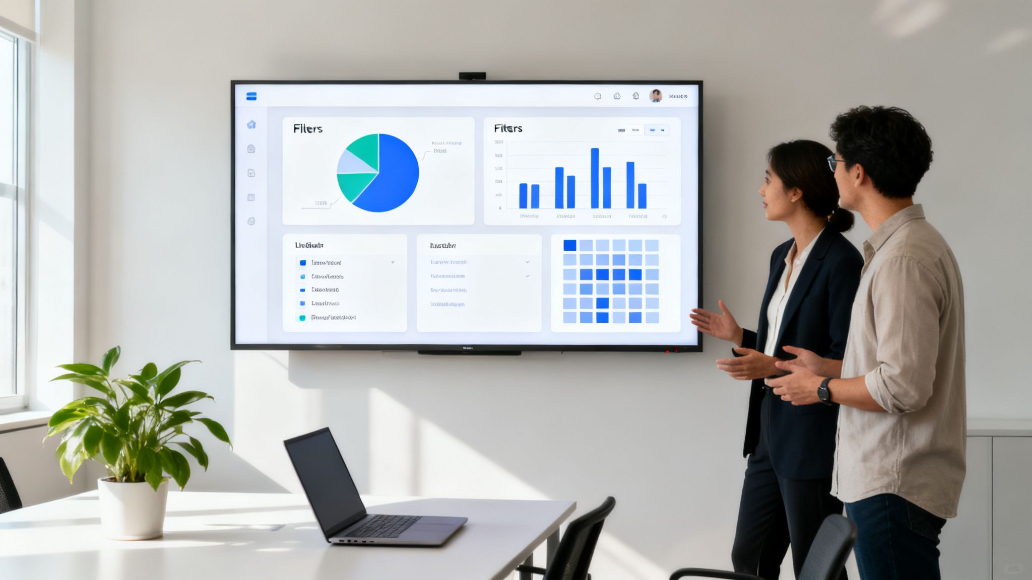 Zwei Personen diskutieren Daten auf einem großen Bildschirm in einem modernen Büro mit Diagrammen.
